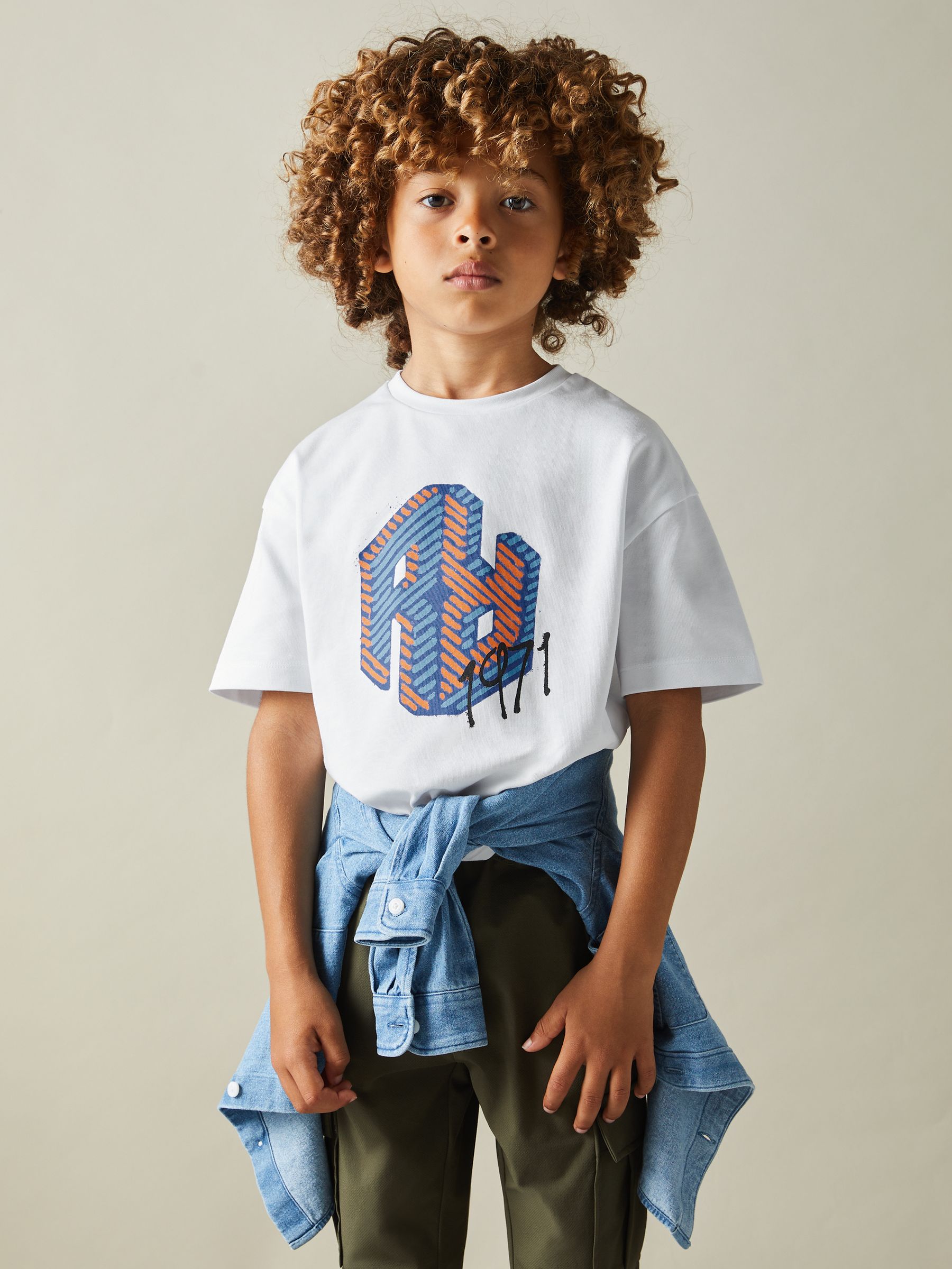 9-13 yrs Oversized Cotton Graffiti Print Crew Neck T-Shirt in Optic White - Image 1 of 1