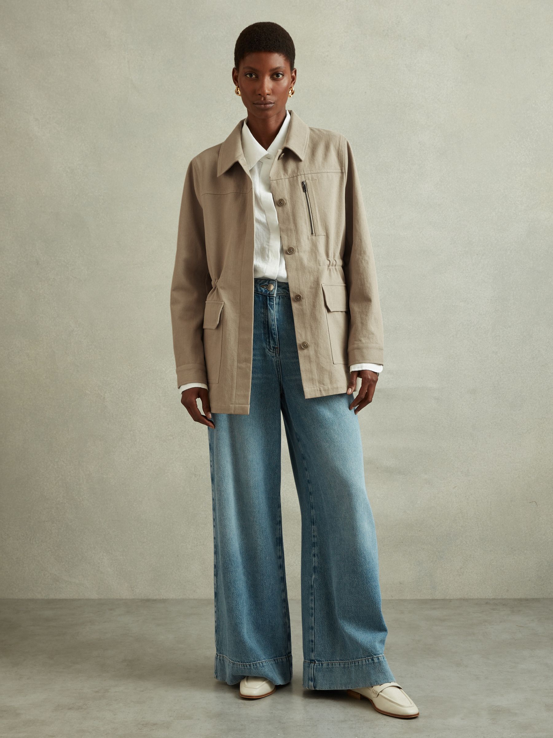 Cotton Canvas Drawstring Waist Overshirt in Neutral - Image 3 of 6
