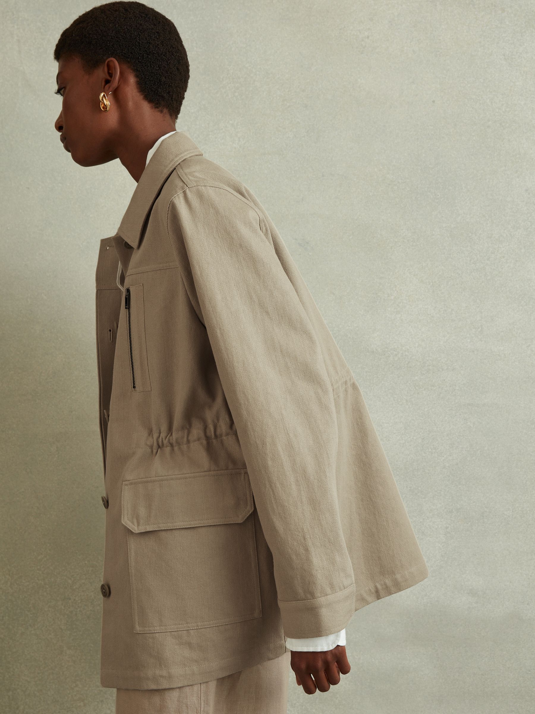 Cotton Canvas Drawstring Waist Overshirt in Neutral - Image 4 of 6