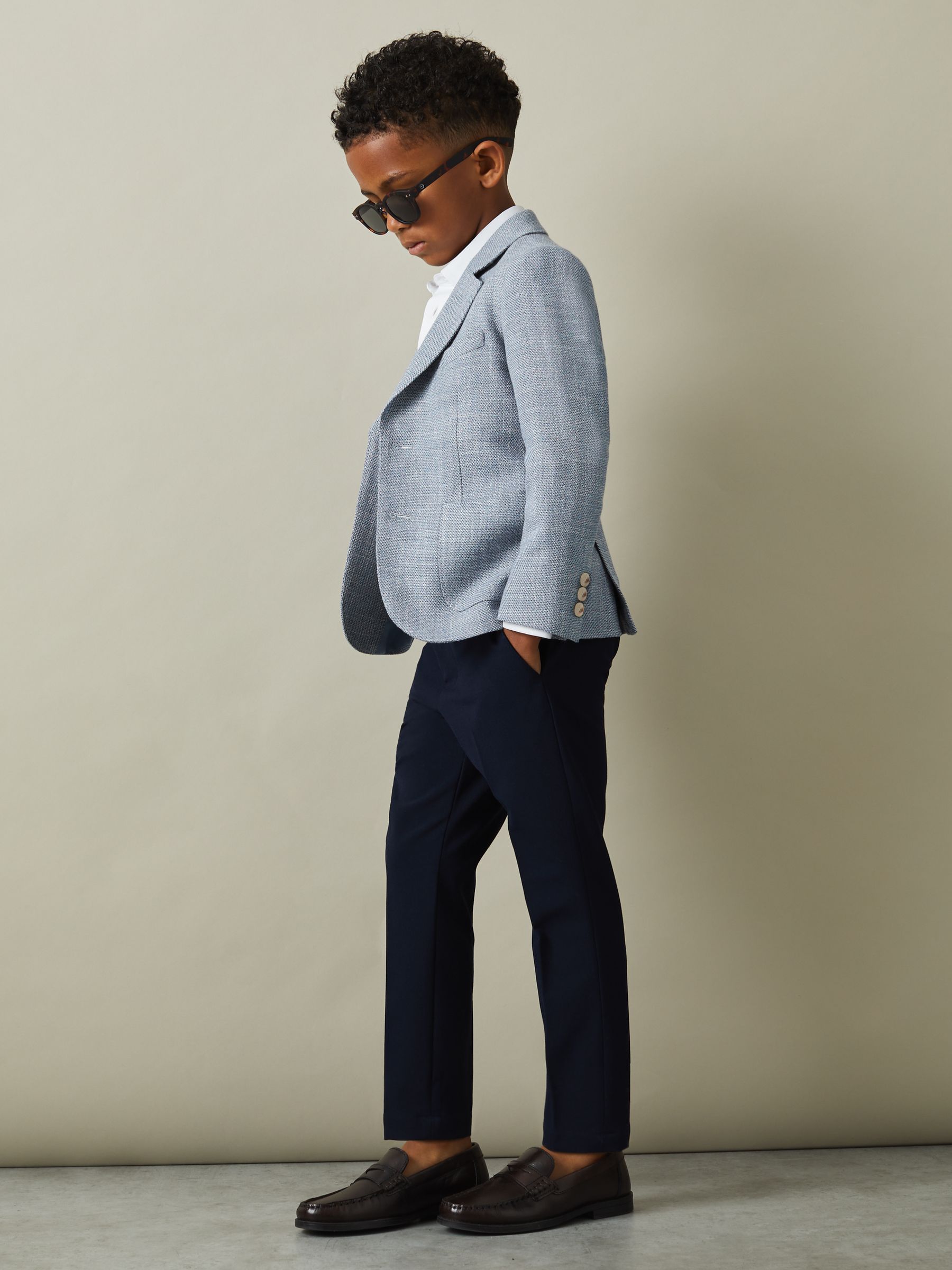 9-13 yrs Slub Check Single Breasted Blazer in Soft Blue - Image 1 of 4