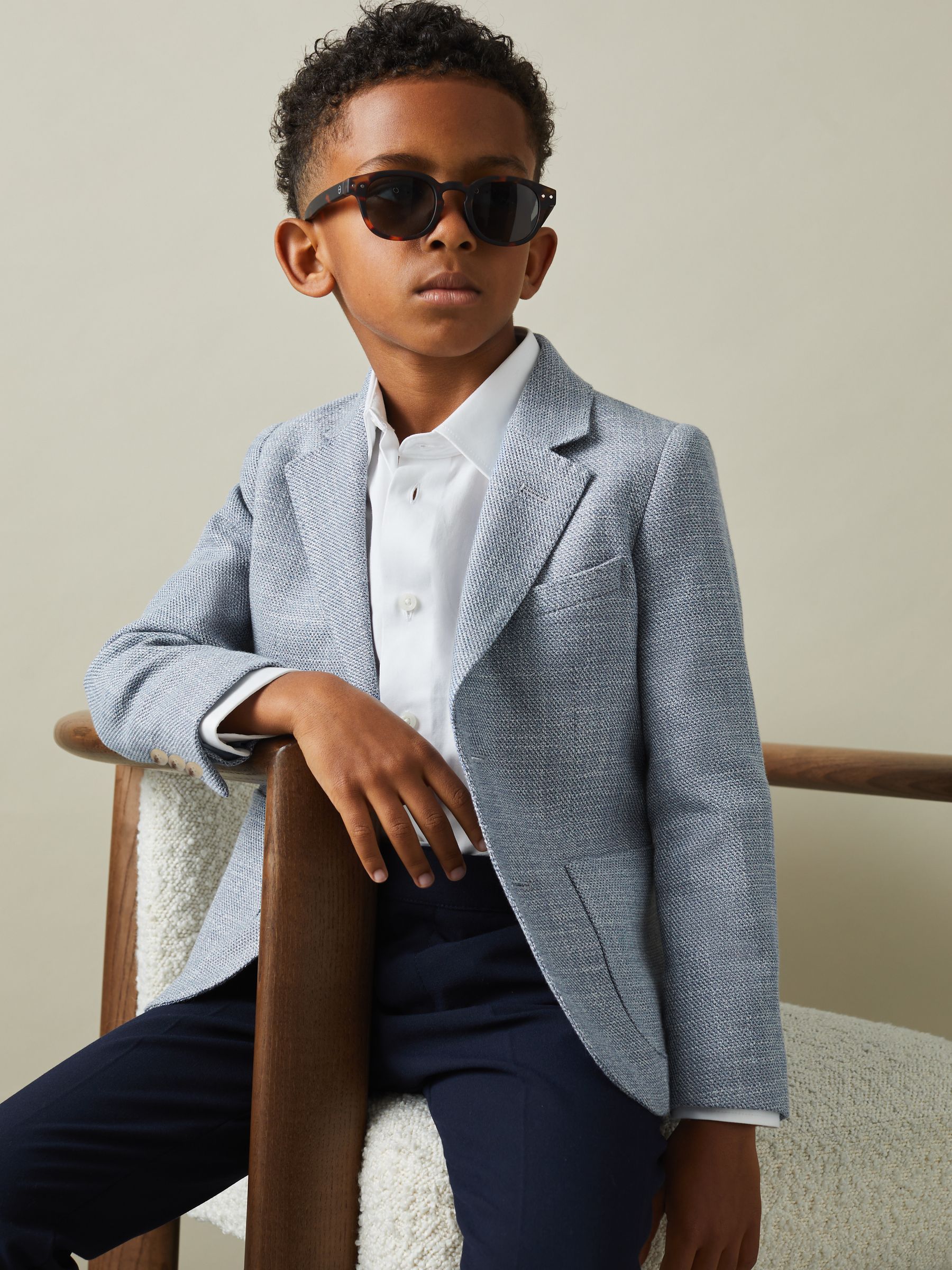 9-13 yrs Slub Check Single Breasted Blazer in Soft Blue - Image 3 of 4