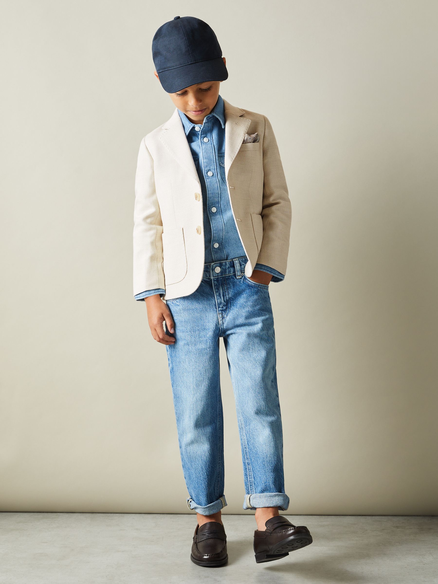 13-14 yrs Slub Check Single Breasted Blazer in Stone - Image 2 of 4