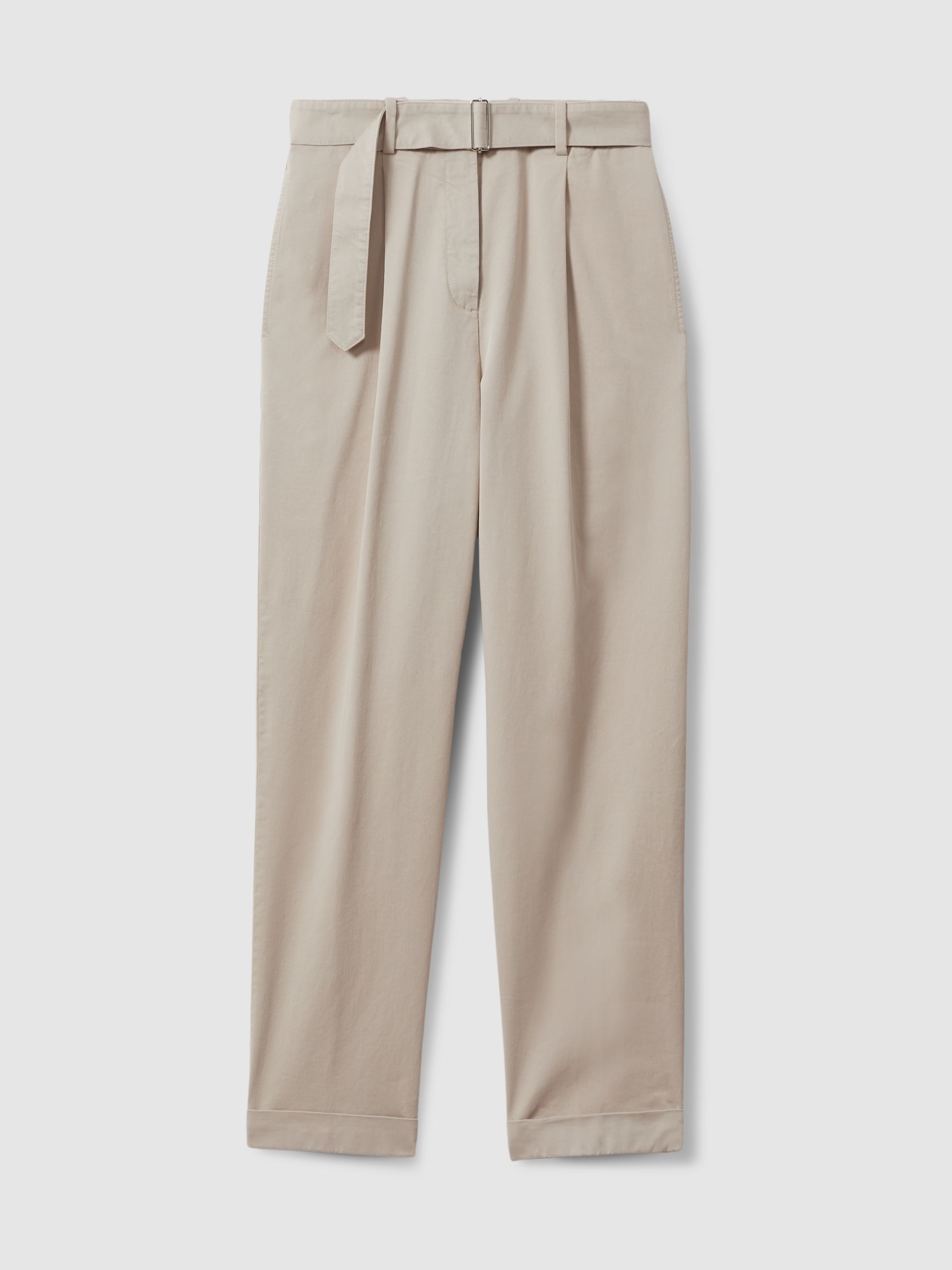 Cropped Cotton Blend Belted Trousers in Stone - Image 2 of 5