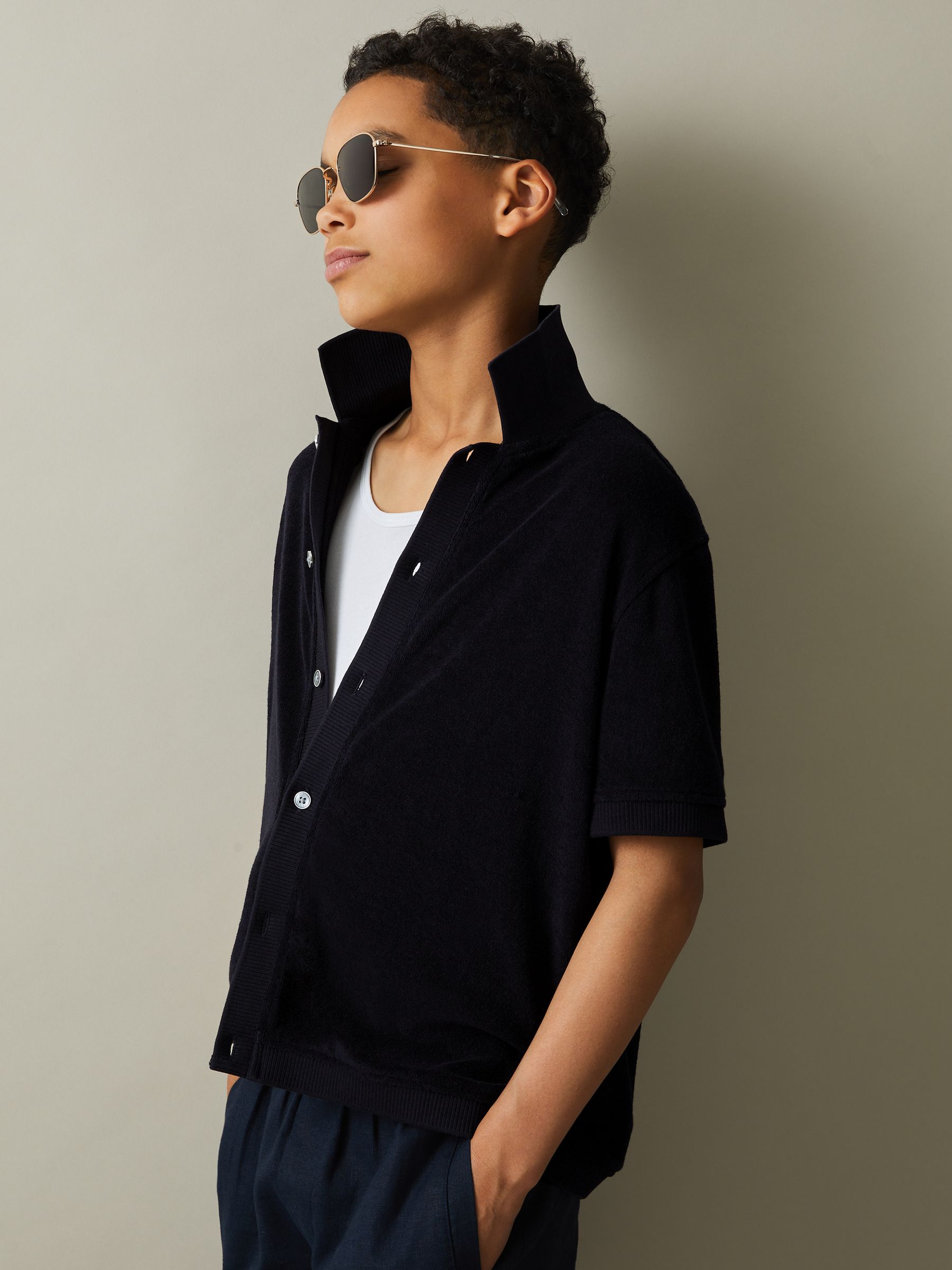 9-13 yrs Towelling Cuban Collar Shirt in Navy - Image 1 of 4