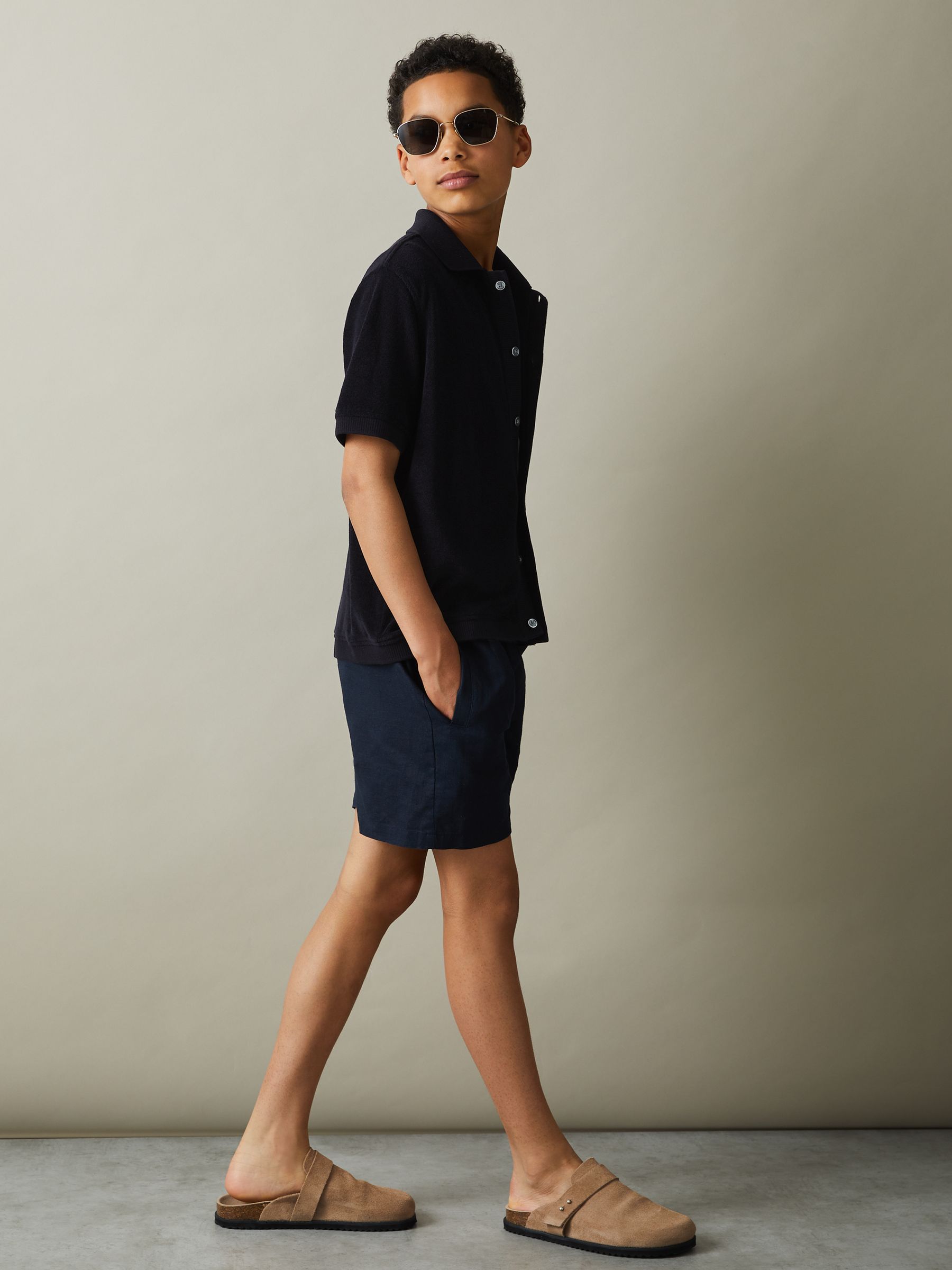 9-13 yrs Towelling Cuban Collar Shirt in Navy - Image 3 of 4