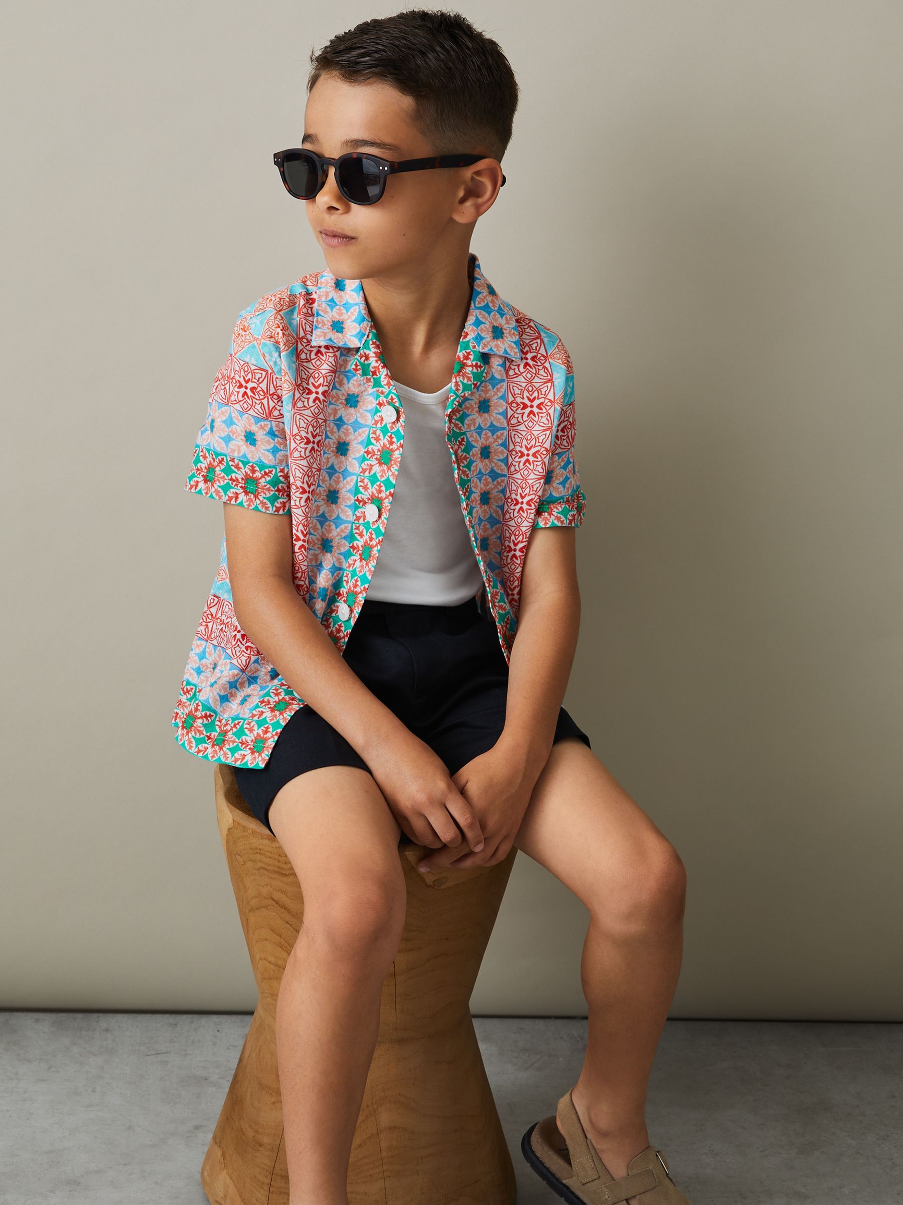 13-14 yrs Linen Printed Cuban Collar Shirt in Orange Multi - Image 2 of 4 13-14 yrs Linen Printed Cuban Collar Shirt in Orange Multi - Image 2 of 4