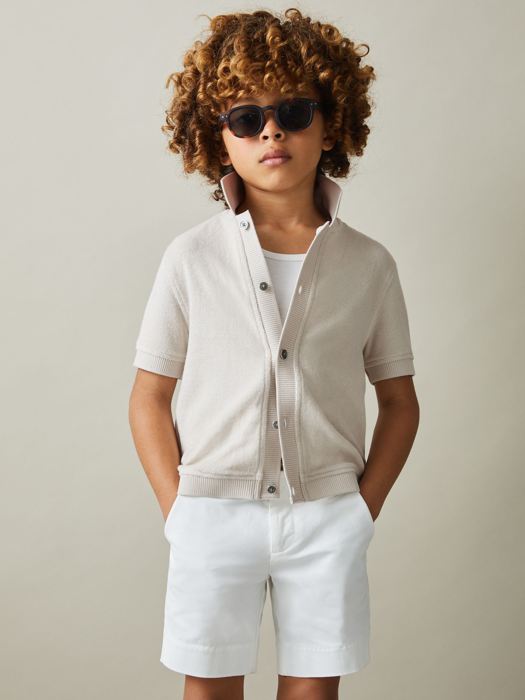 9-13 yrs Towelling Cuban Collar Shirt in Off White - Image 1 of 4