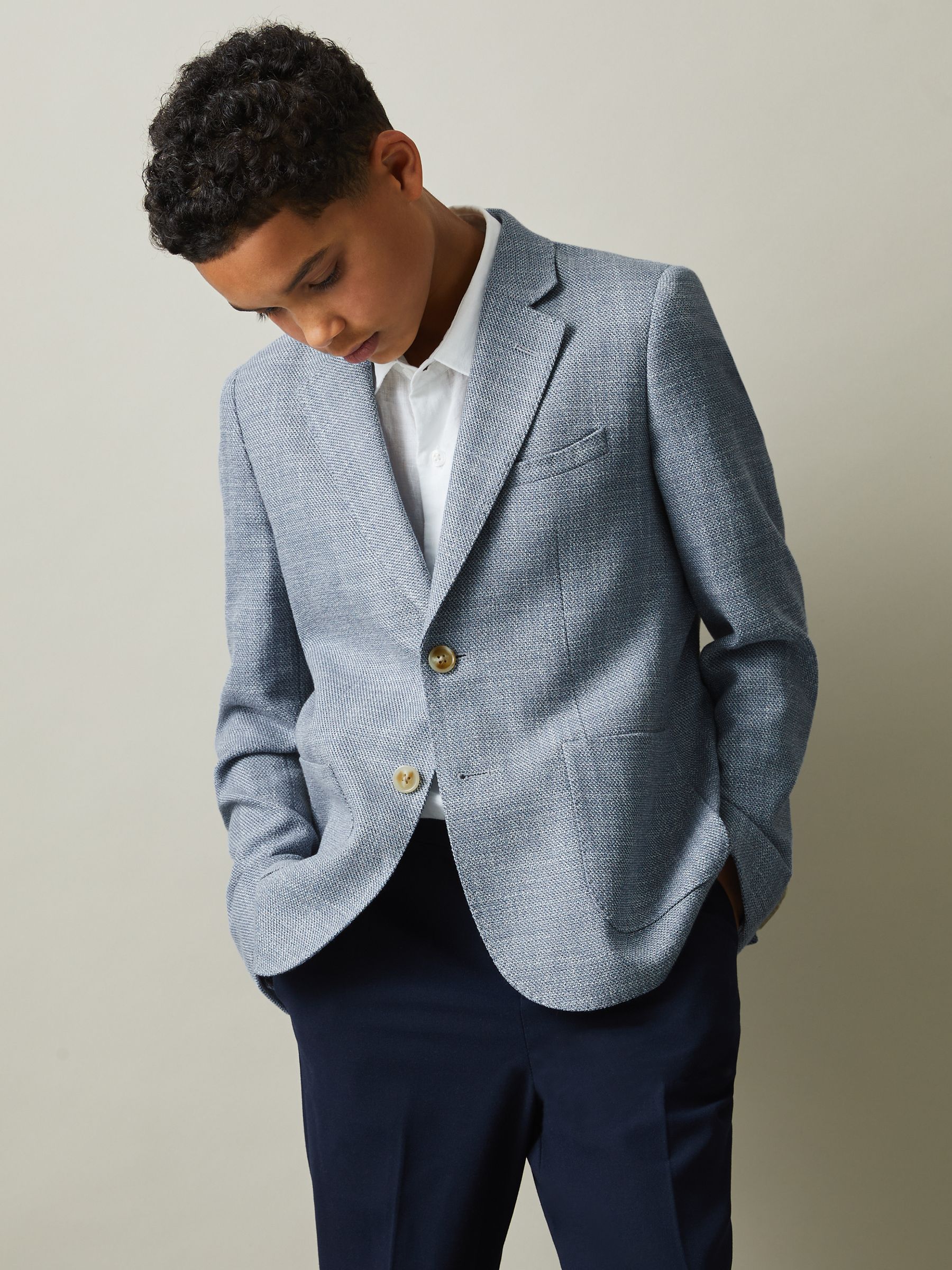 3-9 yrs Slub Check Single Breasted Blazer in Soft Blue - Image 3 of 4
