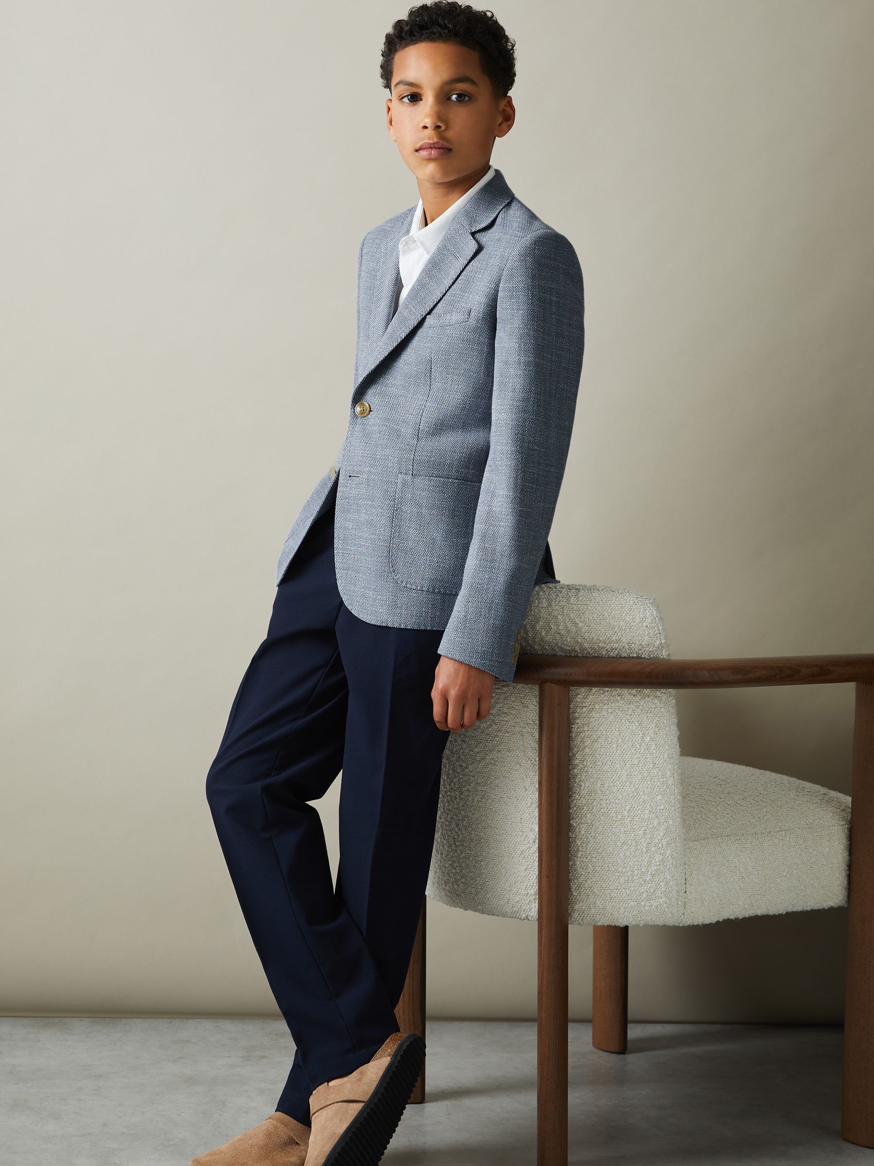 13-14 yrs Slub Check Single Breasted Blazer in Soft Blue - Image 2 of 4