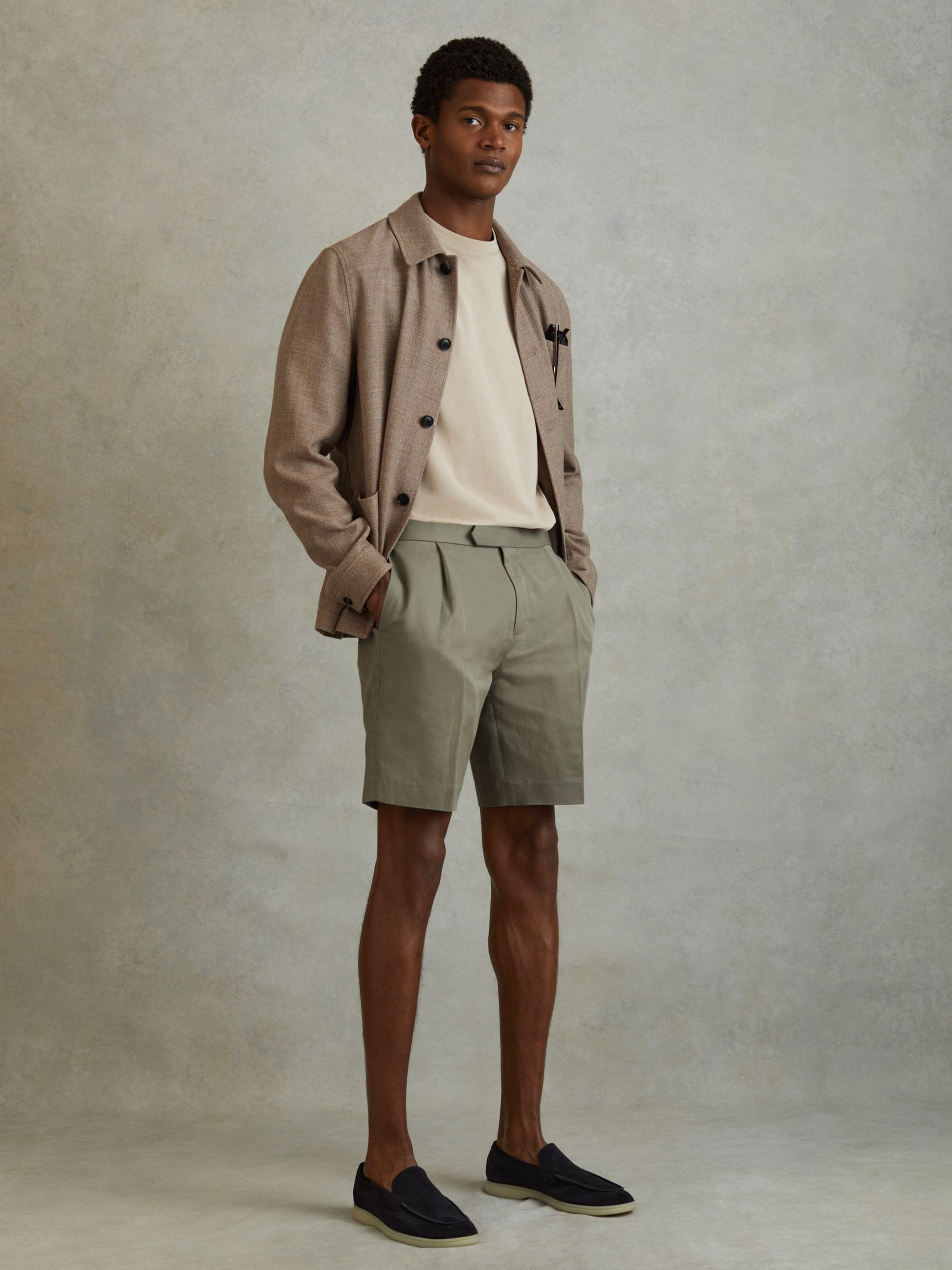 Cotton/Linen Blend Adjuster Shorts in Sage - Image 1 of 6