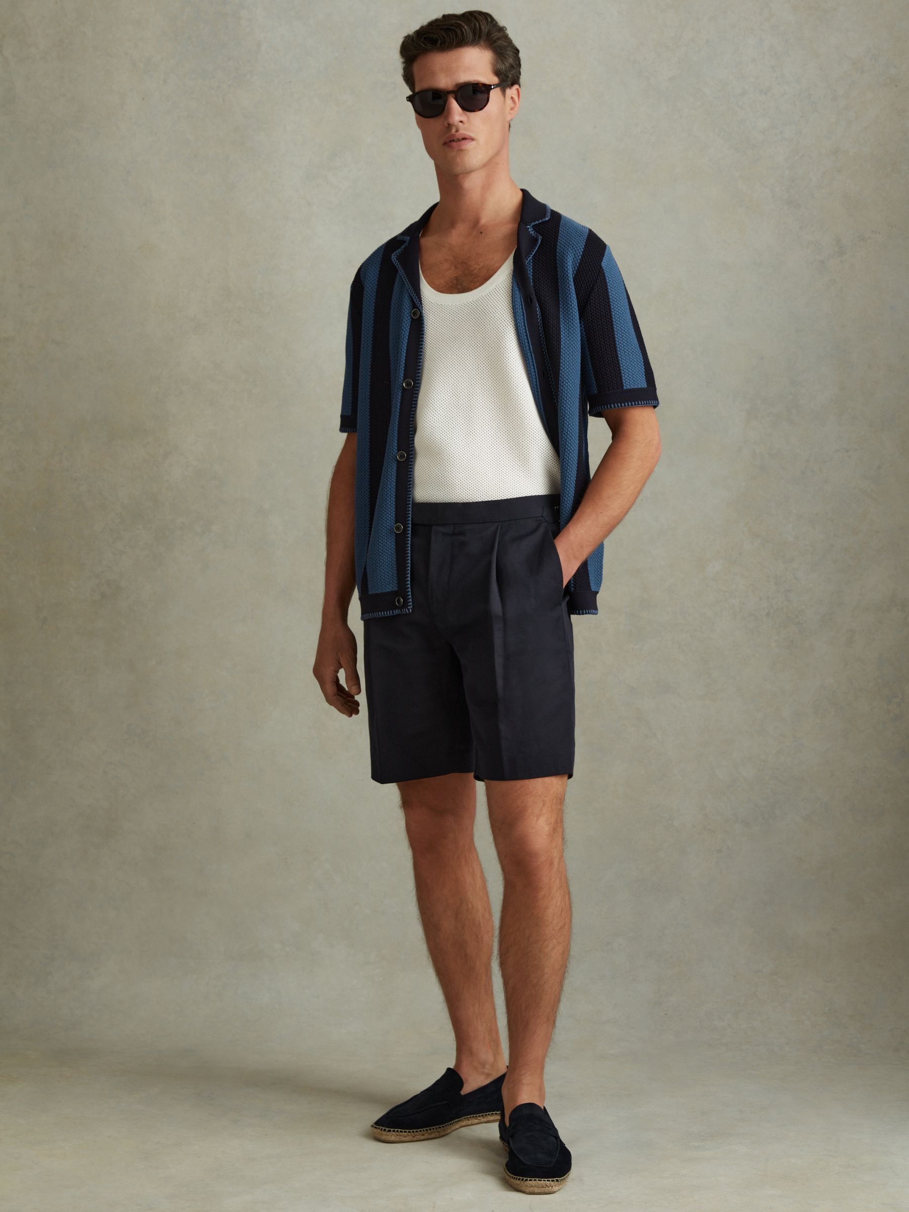 Cotton/Linen Blend Adjuster Shorts in Navy - Image 1 of 5