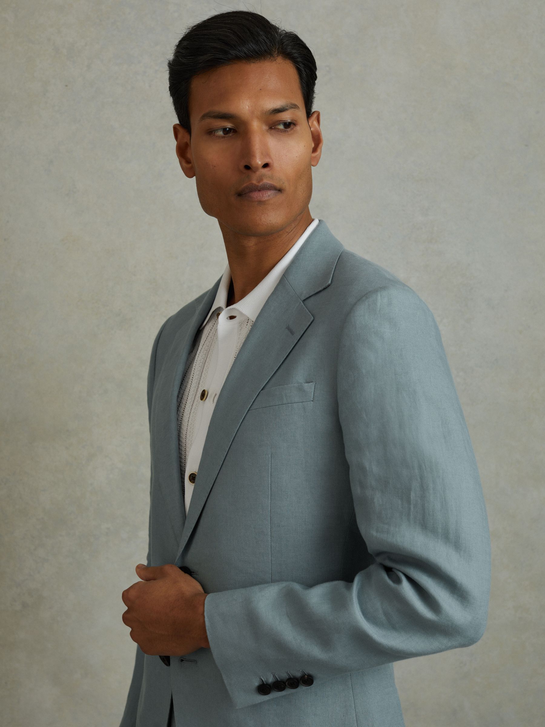 Single-Breasted Linen Suit Blazer Slim Fit in Aqua Blue - Image 1 of 1