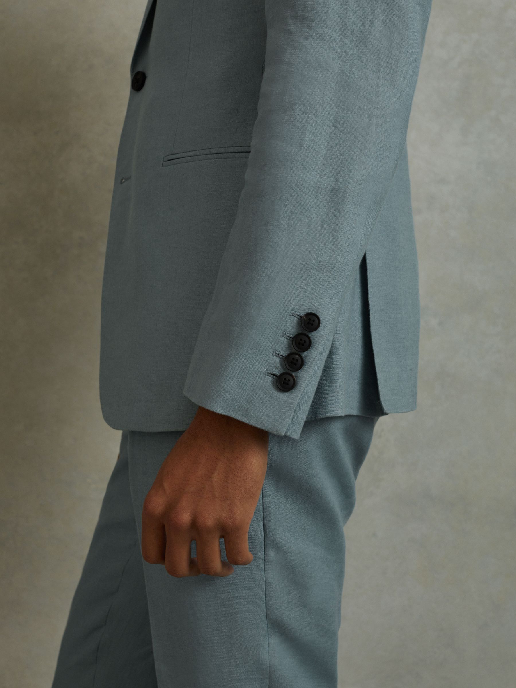 Single-Breasted Linen Suit Blazer Slim Fit in Aqua Blue - Image 3 of 6