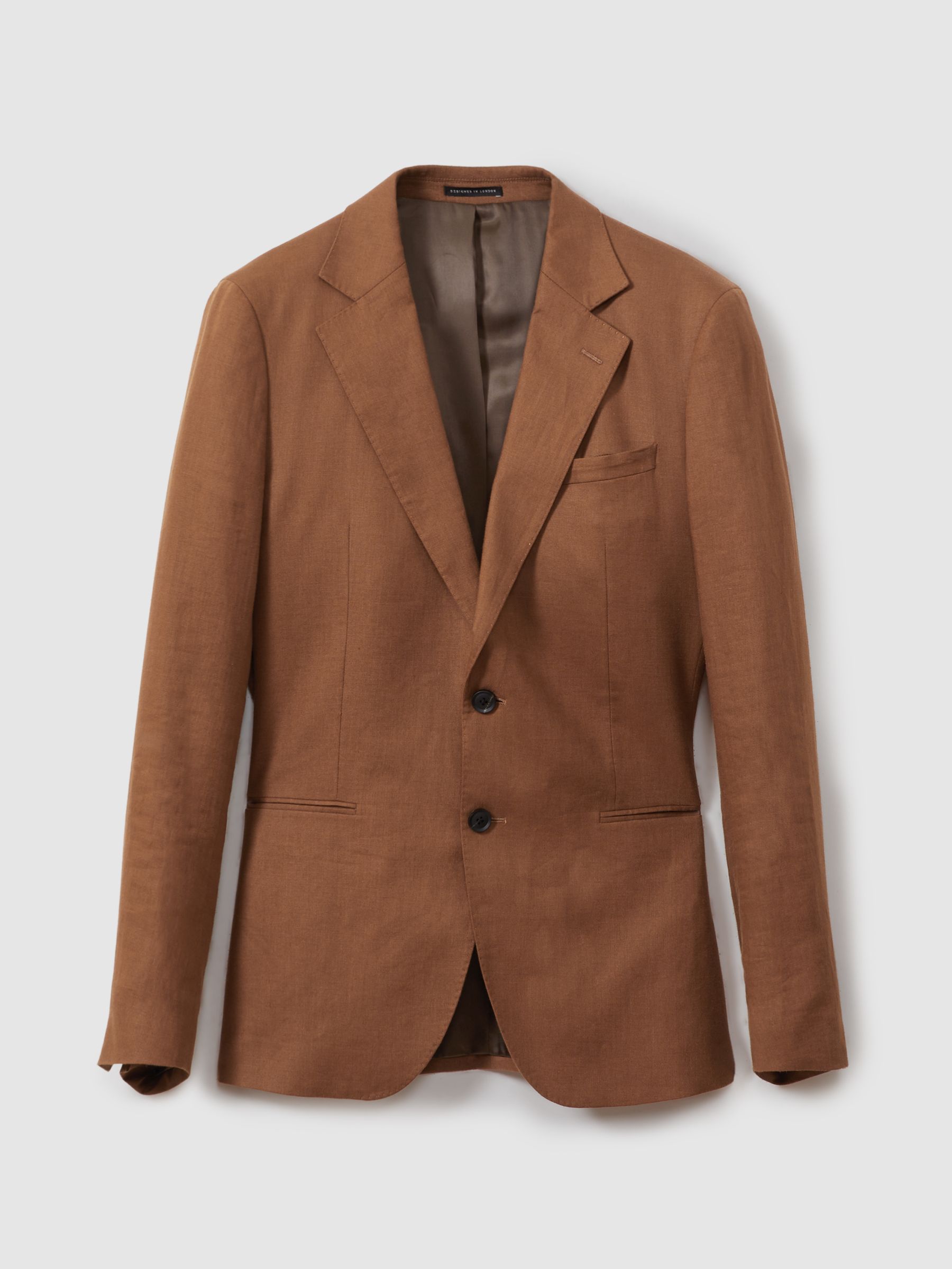 Single-Breasted Linen Suit Blazer Slim Fit in Tobacco Brown - Image 2 of 7 Single-Breasted Linen Suit Blazer Slim Fit in Tobacco Brown - Image 2 of 7
