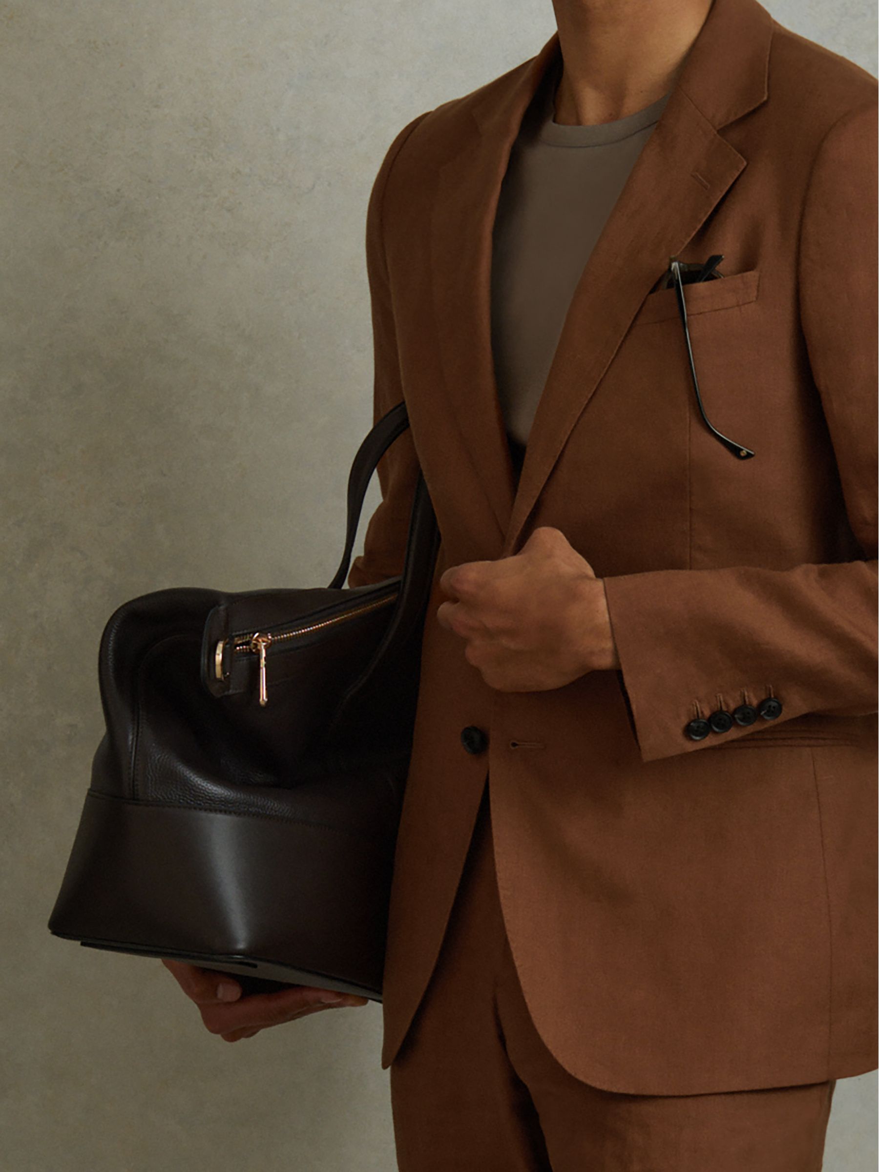 Single-Breasted Linen Suit Blazer Slim Fit in Tobacco Brown - Image 3 of 7