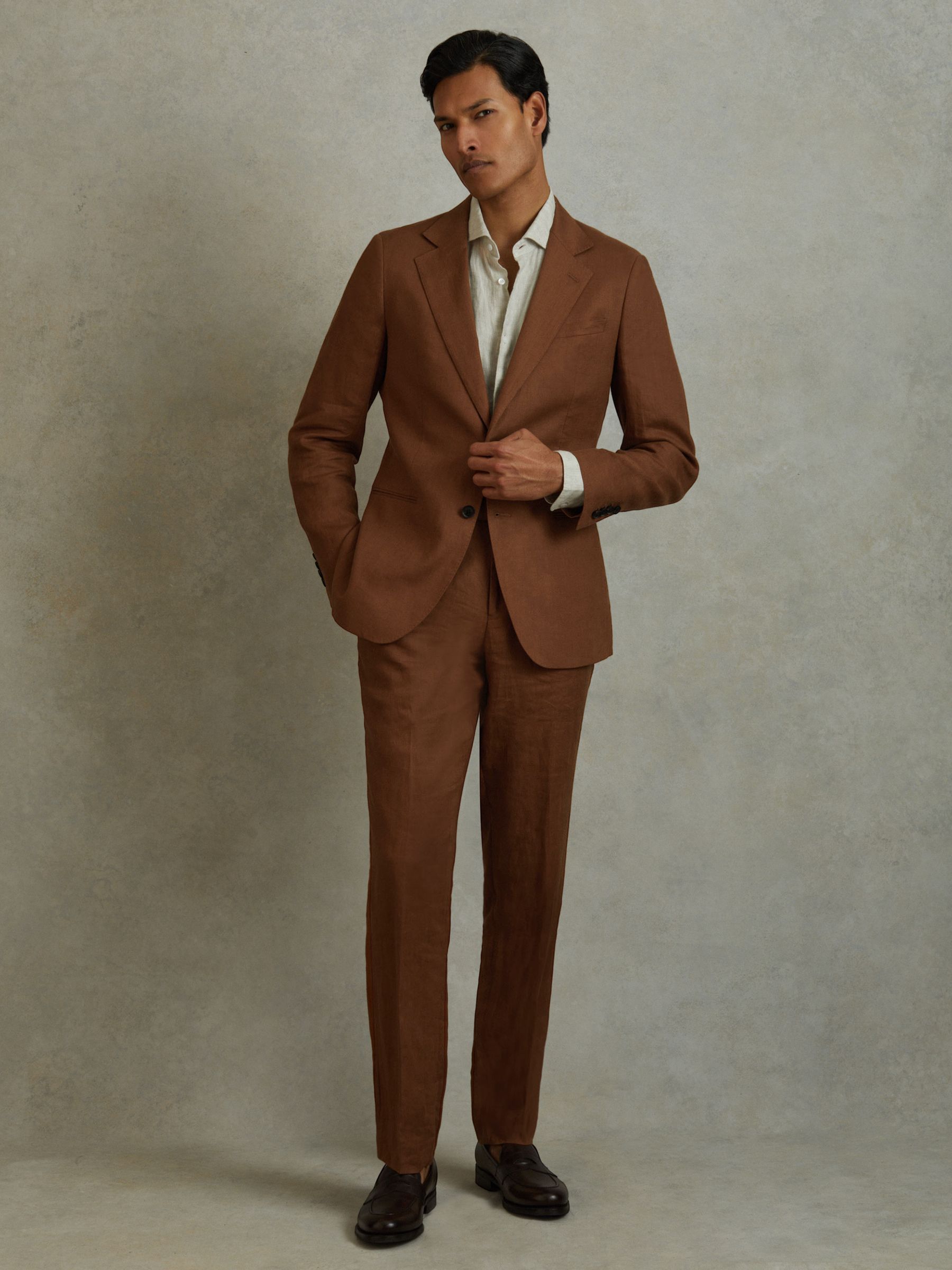 Single-Breasted Linen Suit Blazer Slim Fit in Tobacco Brown - Image 4 of 7