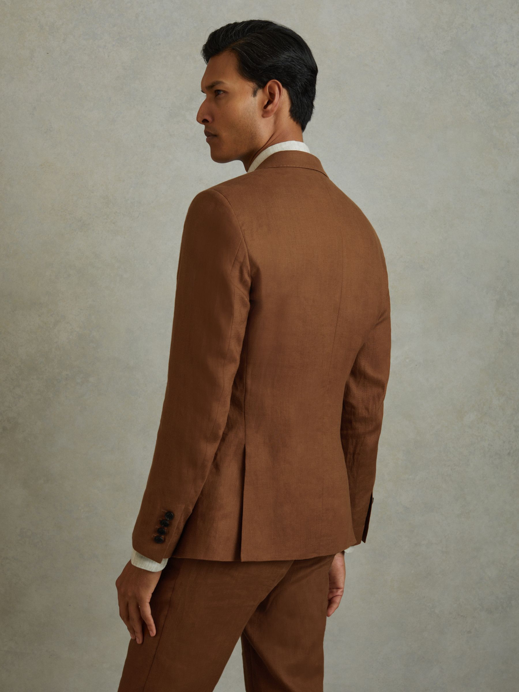 Single-Breasted Linen Suit Blazer Slim Fit in Tobacco Brown - Image 5 of 7