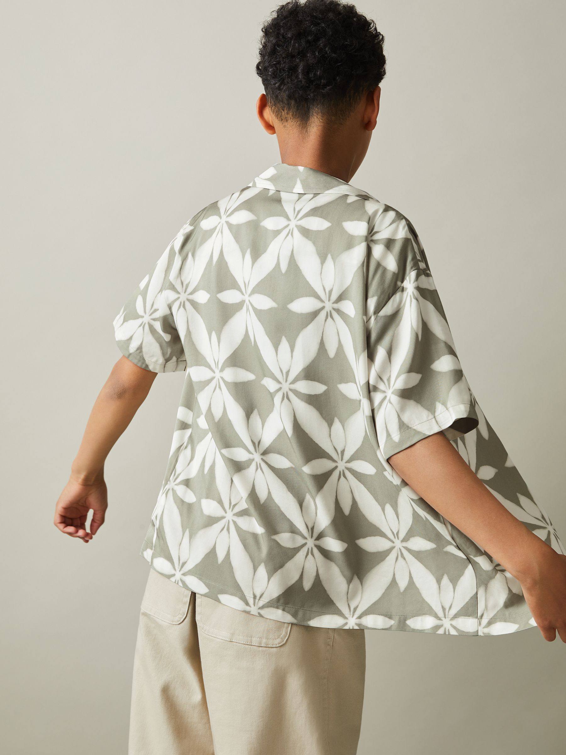 9-13 yrs Relaxed Printed Cuban Collar Shirt in Sage Green - Image 4 of 5