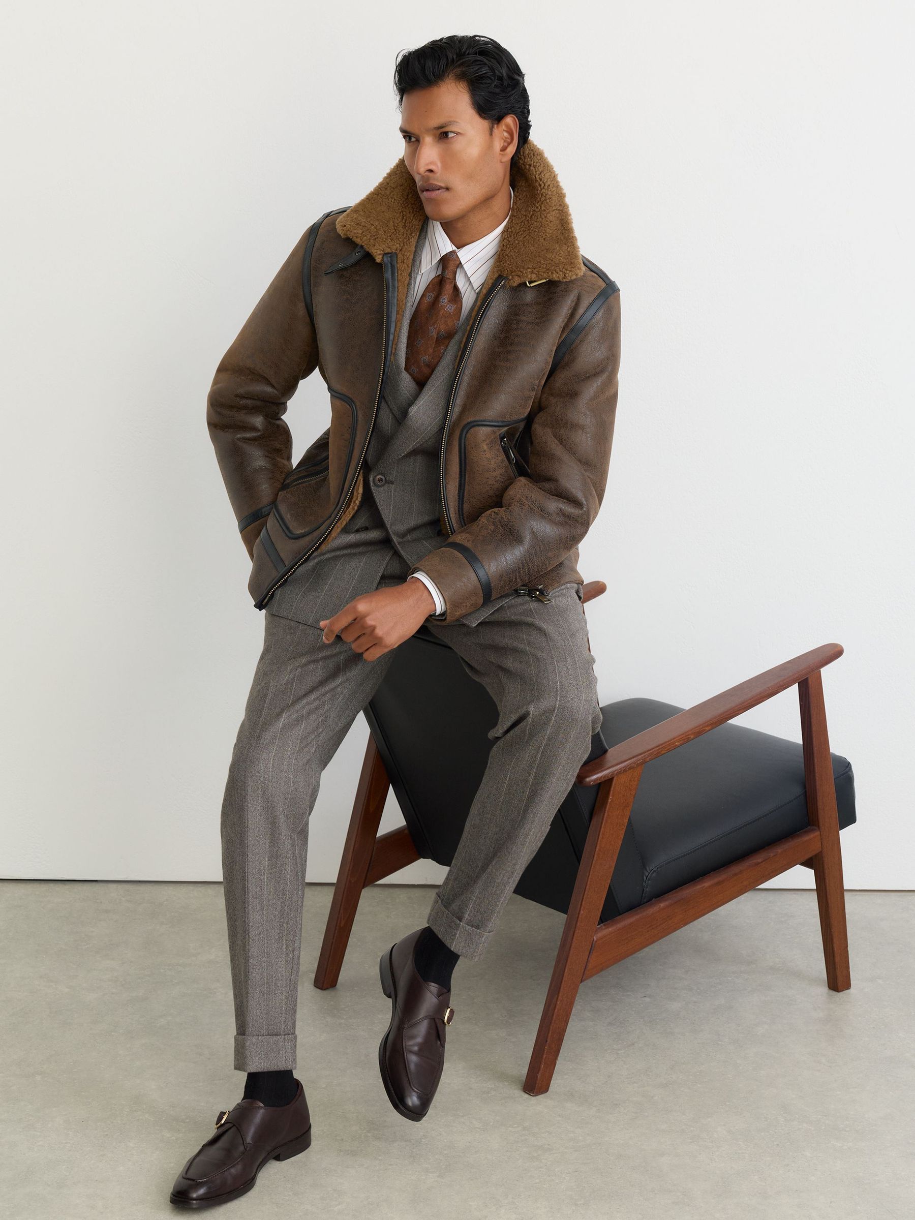 Shearling Distressed Aviator Jacket in Tobacco Brown - Image 10 of 11
