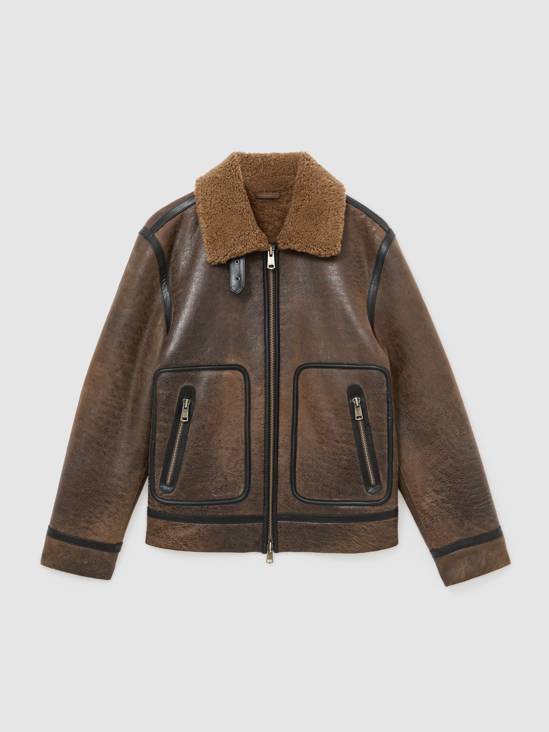Shearling Distressed Aviator Jacket in Tobacco Brown - Image 2 of 9 Shearling Distressed Aviator Jacket in Tobacco Brown - Image 2 of 9