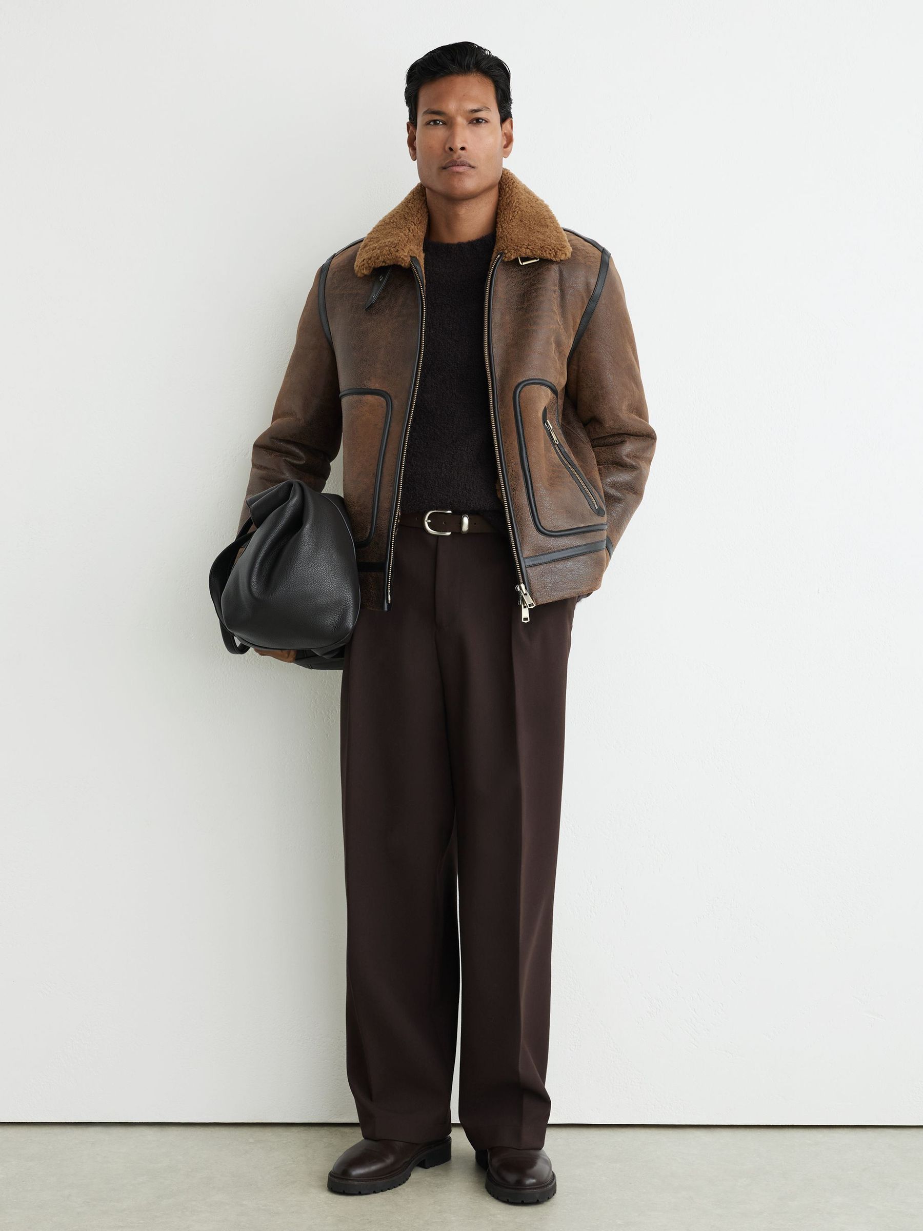 Shearling Distressed Aviator Jacket in Tobacco Brown - Image 3 of 9