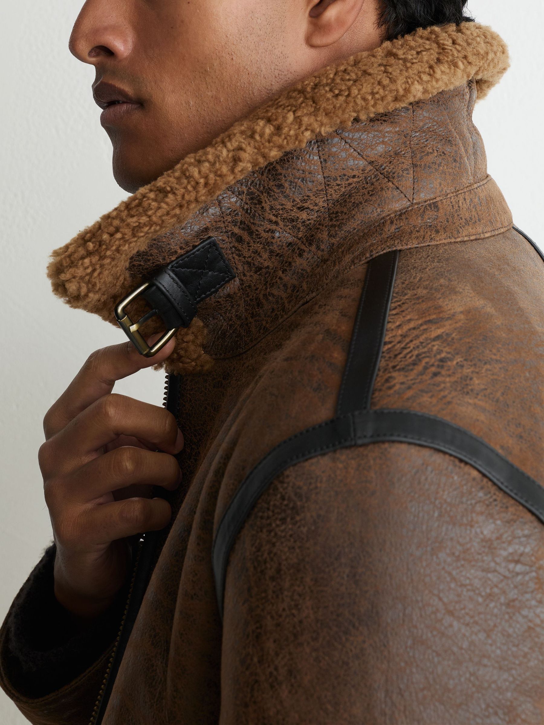 Shearling Distressed Aviator Jacket in Tobacco Brown - Image 4 of 9