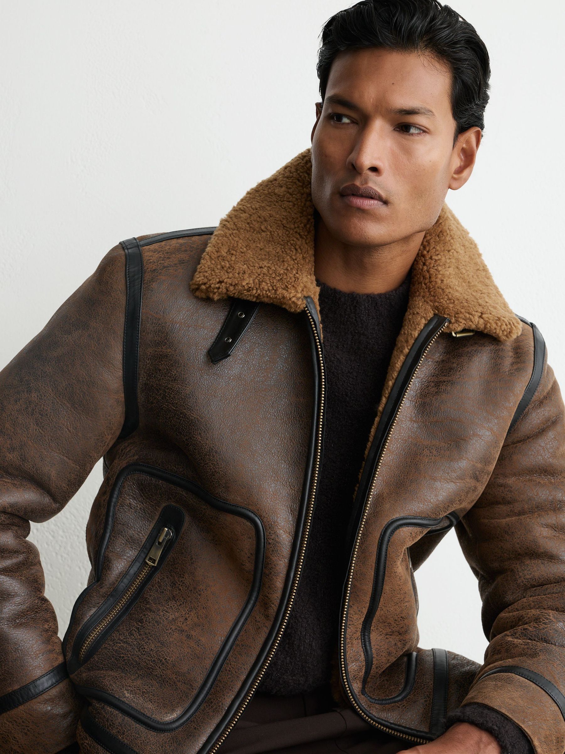 Shearling Distressed Aviator Jacket in Tobacco Brown - Image 5 of 9