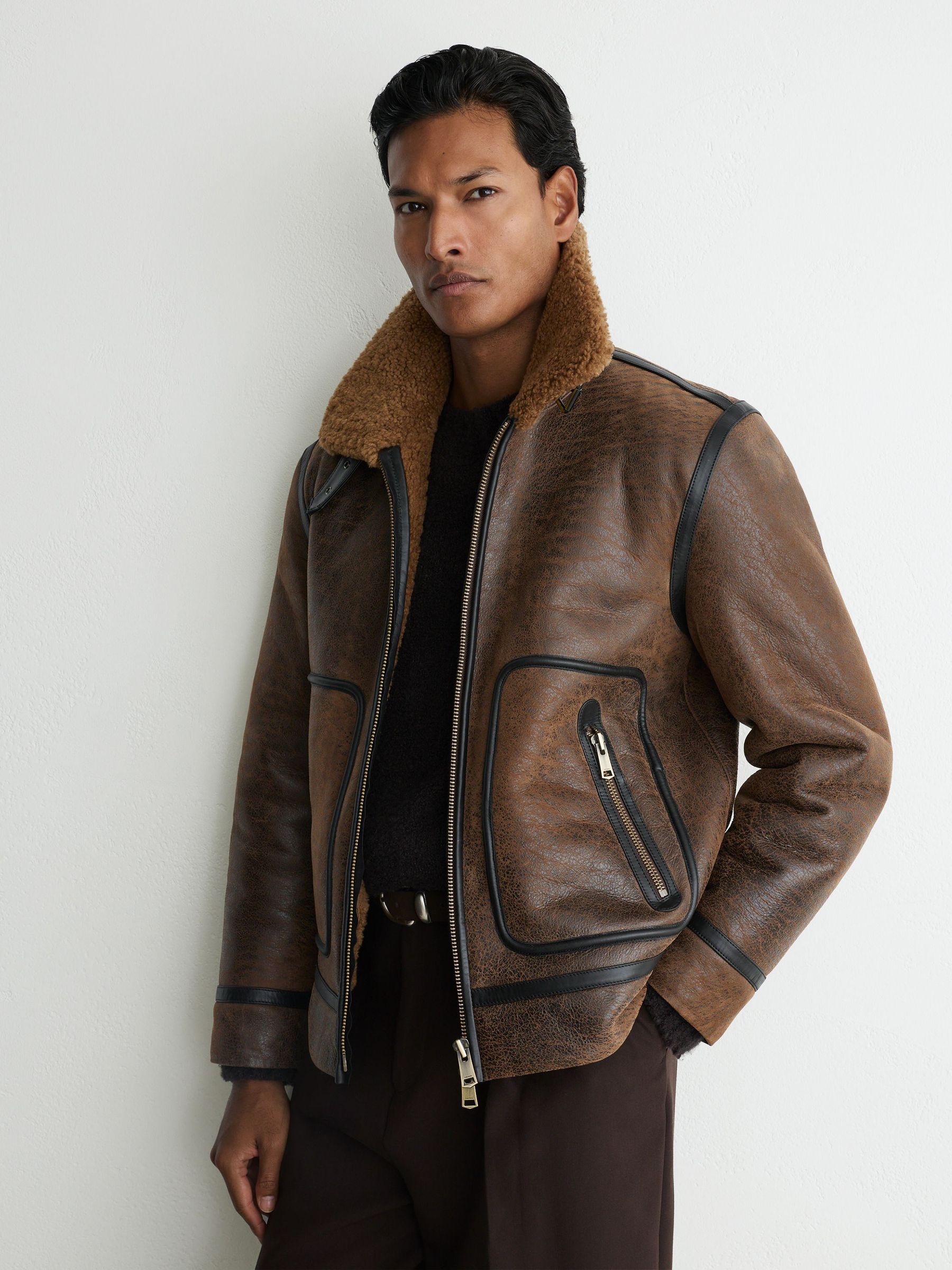 Shearling Distressed Aviator Jacket in Tobacco Brown - Image 6 of 9
