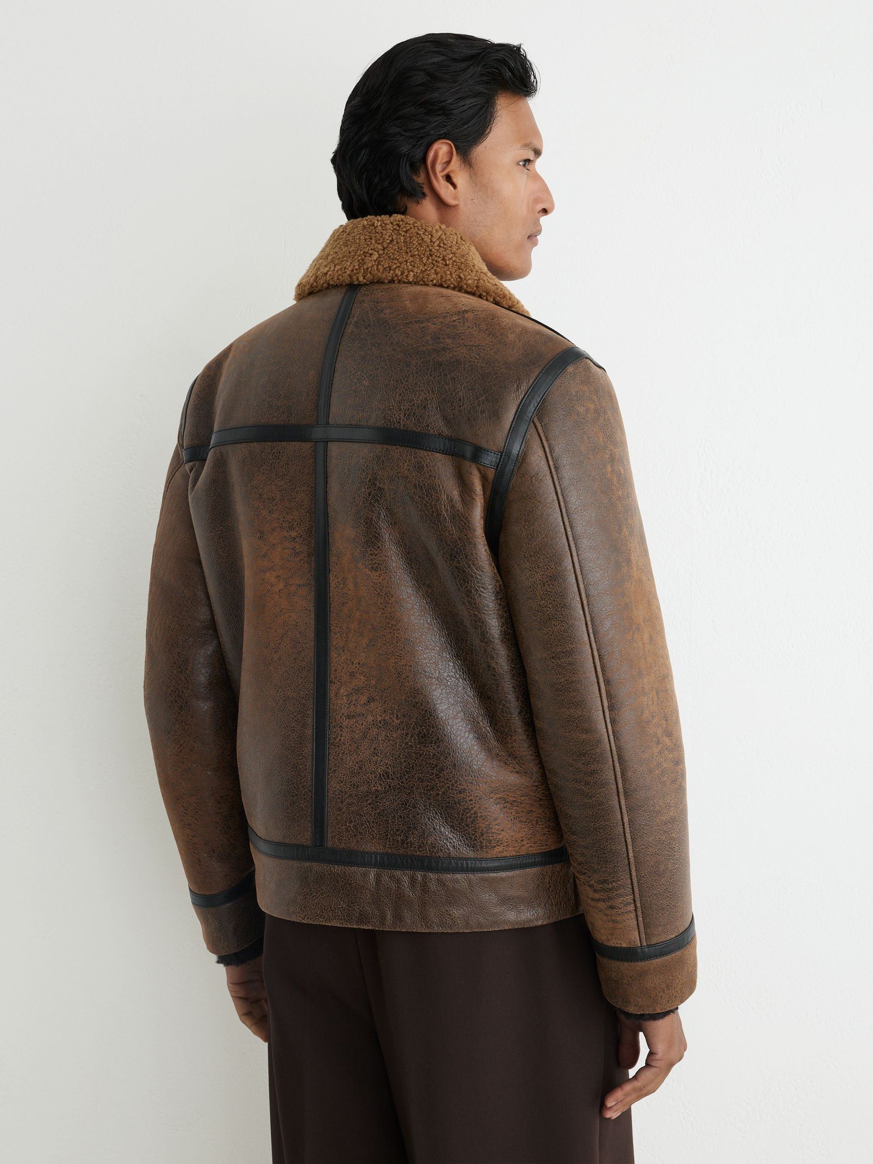 Shearling Distressed Aviator Jacket in Tobacco Brown - Image 7 of 9