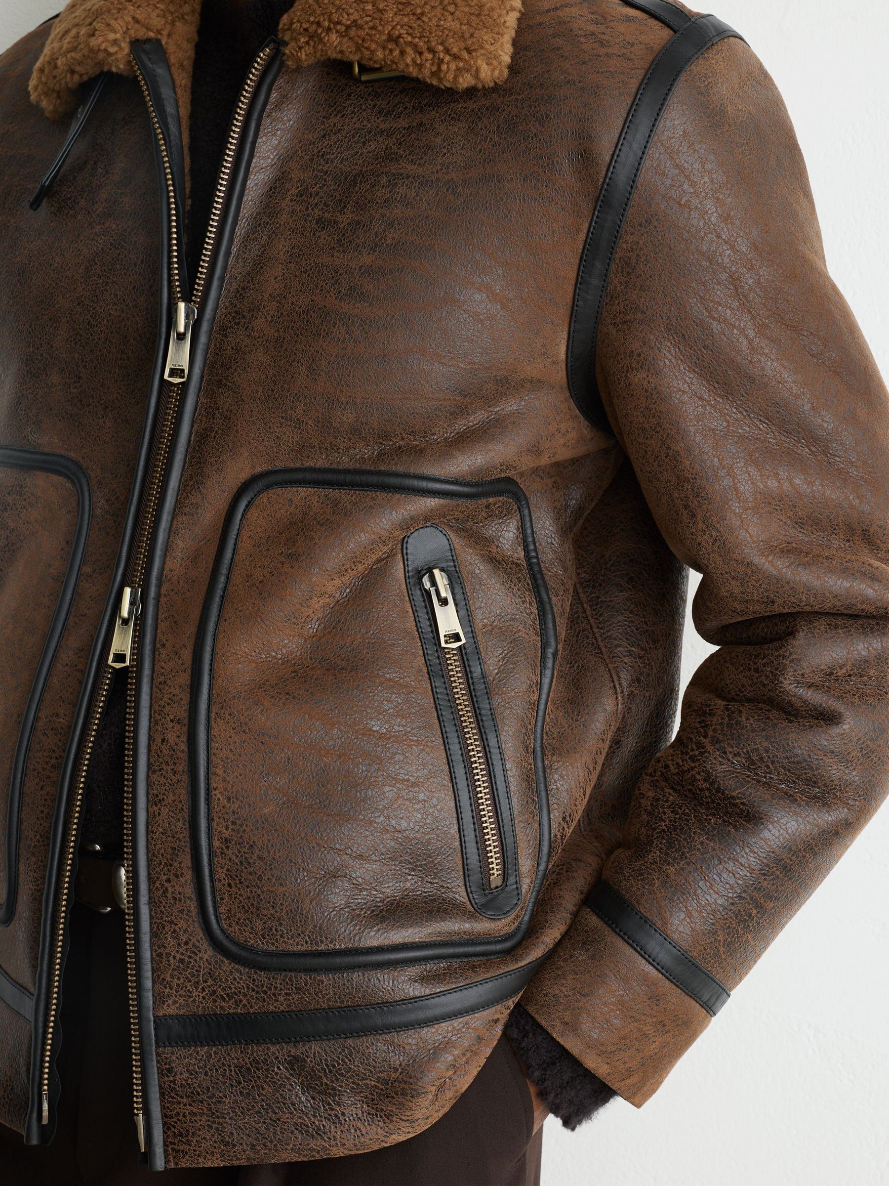 Shearling Distressed Aviator Jacket in Tobacco Brown - Image 8 of 9