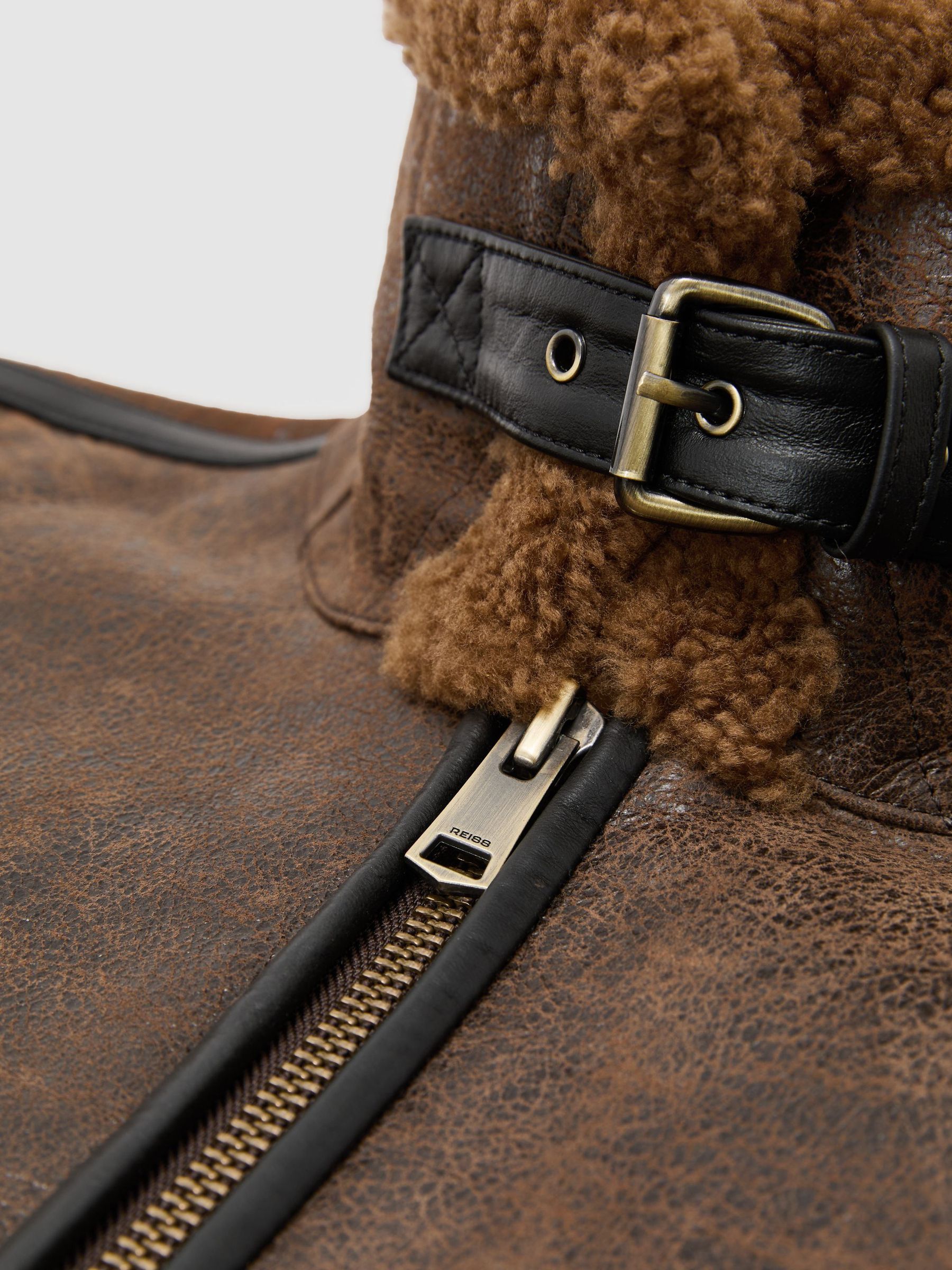 Shearling Distressed Aviator Jacket in Tobacco Brown - Image 9 of 9
