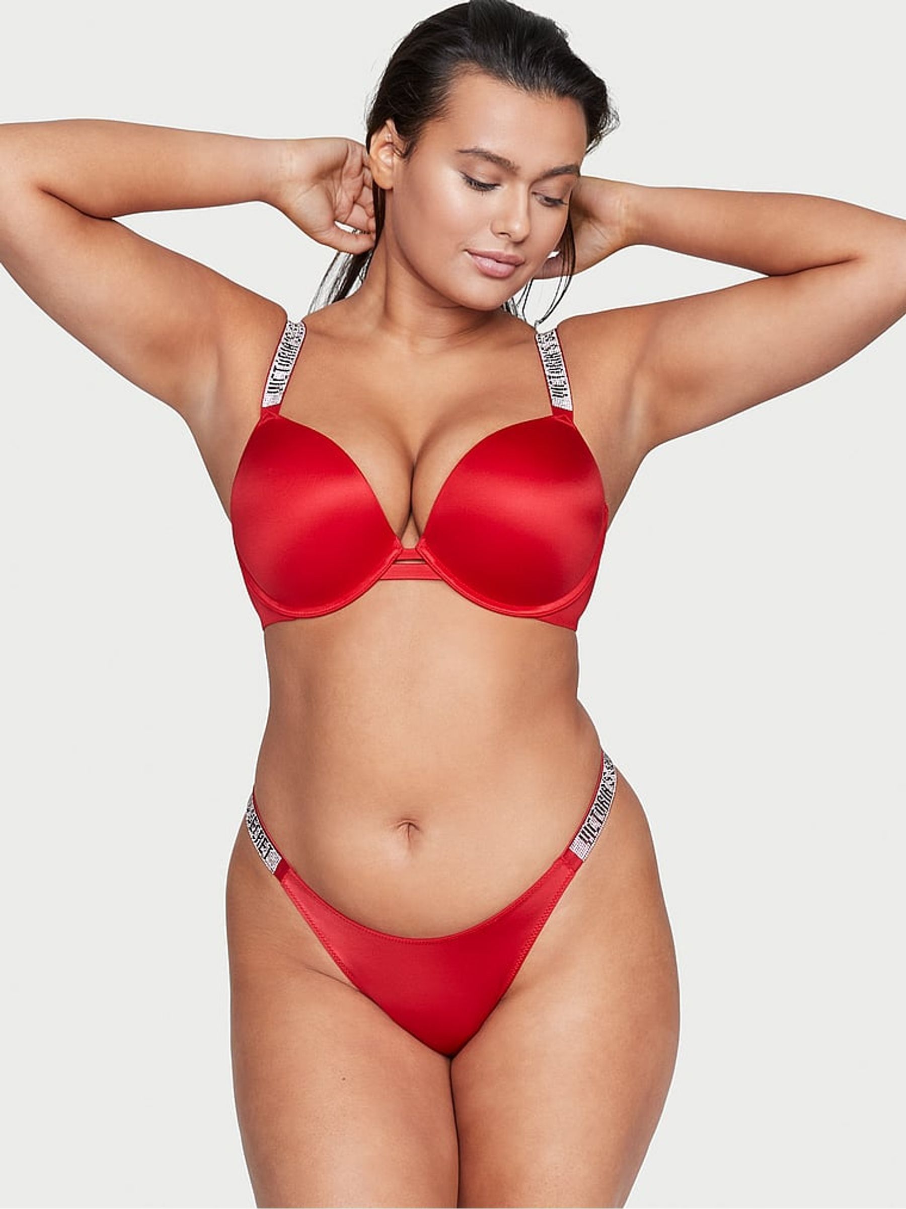 Lipstick Red Shine Strap Plunge Push Up Bra - Image 1 of 4