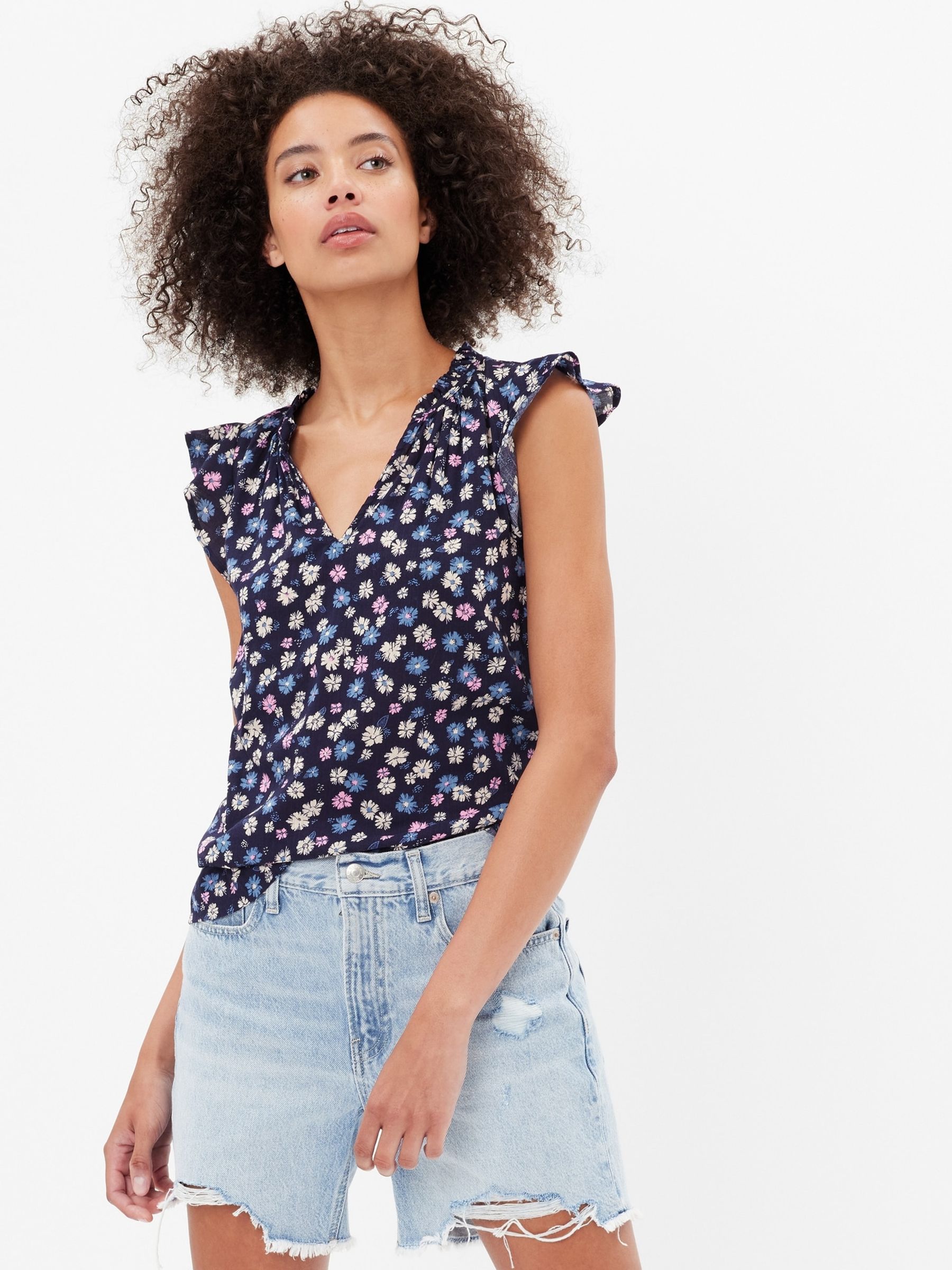 Blue Floral Sleeveless Flutter Splitneck Top - Image 1 of 1