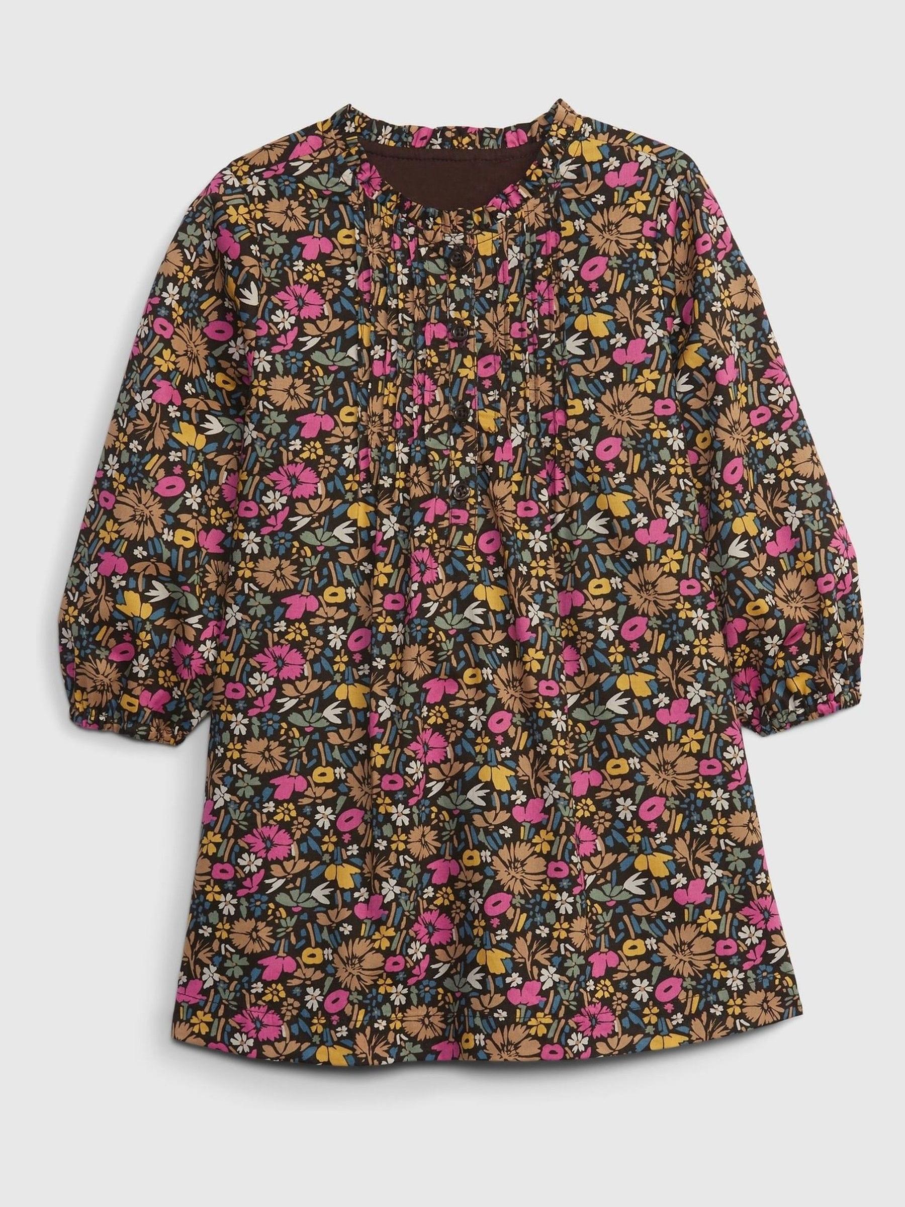 Brown Floral Long Sleeve Round Neck Dress - Image 1 of 3