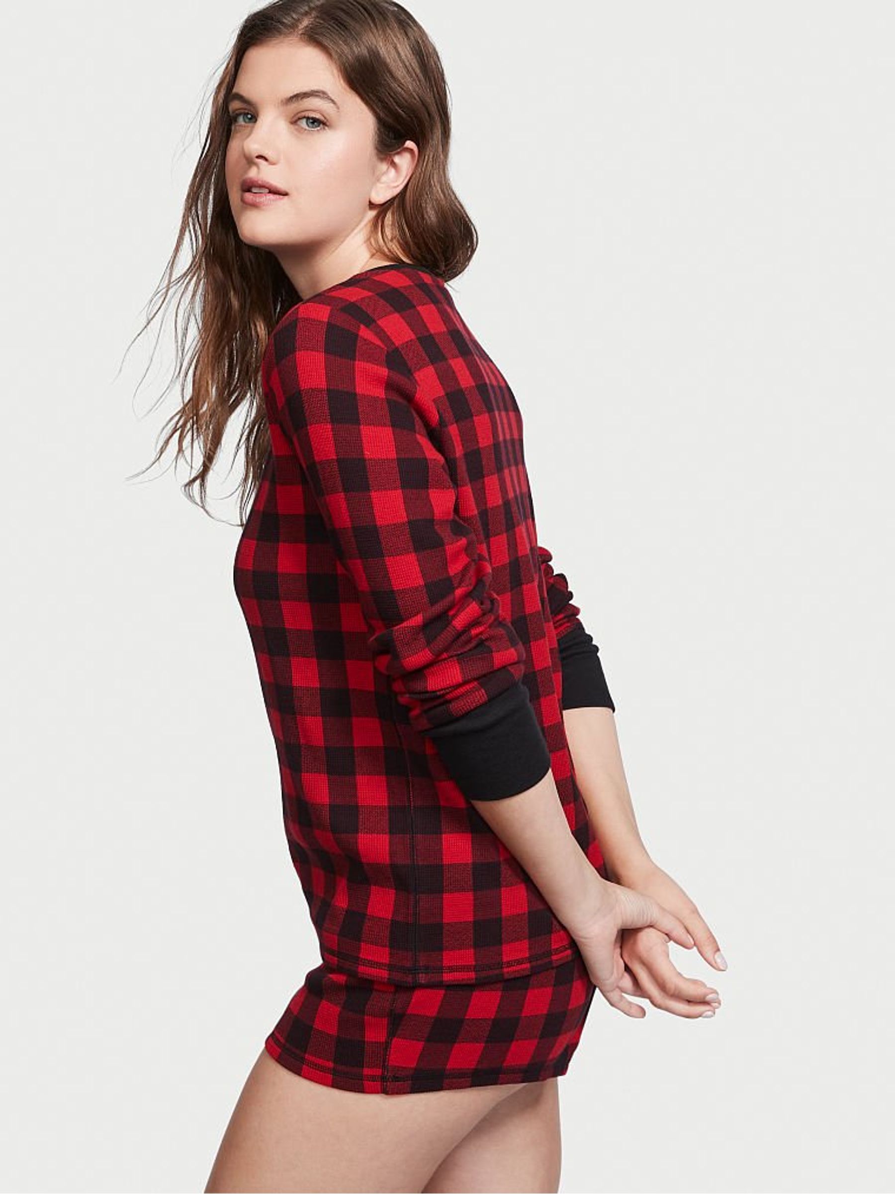 Lipstick Red and Black Check Plaid Thermal Short Pyjamas - Image 2 of 4