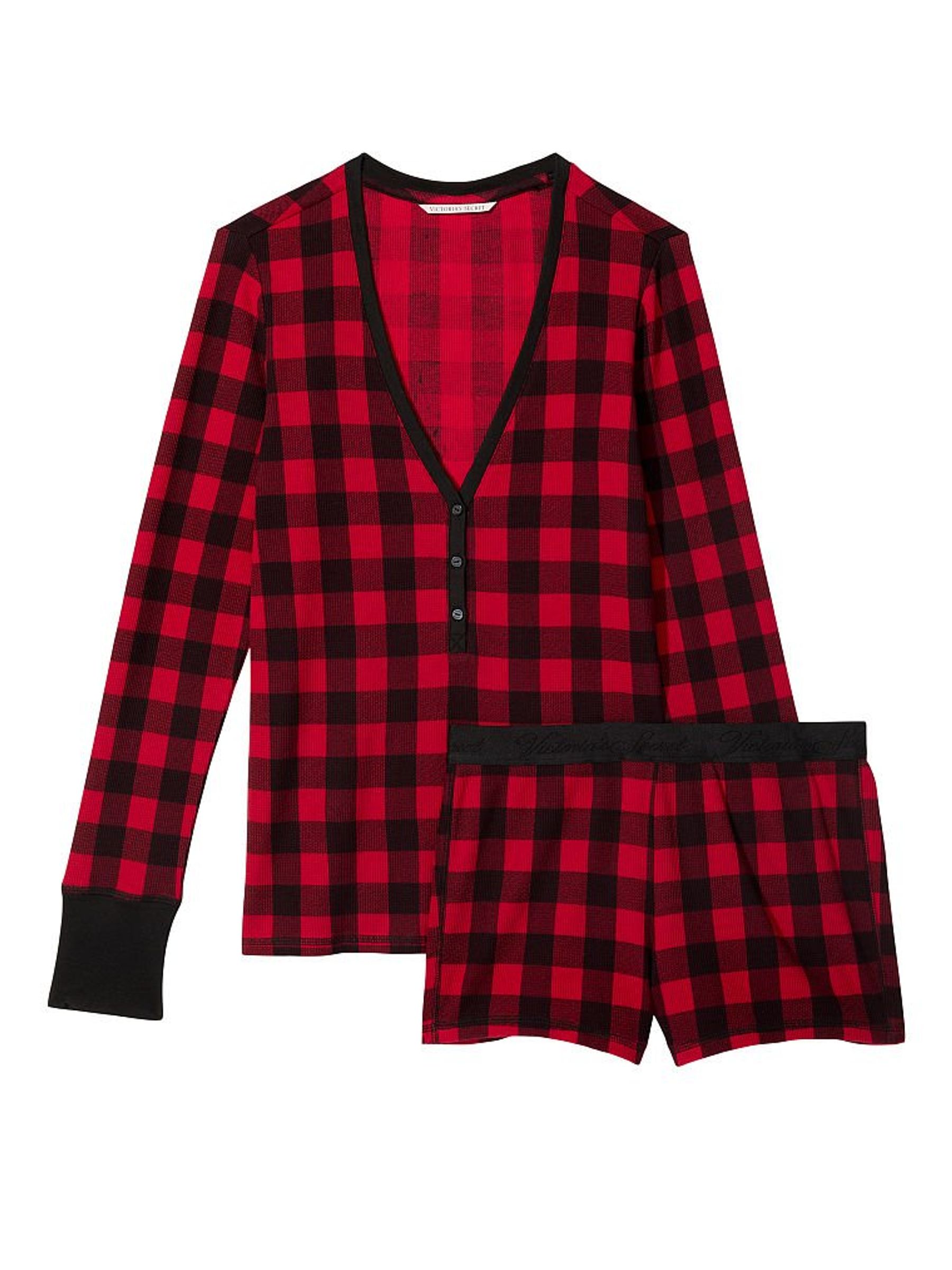 Lipstick Red and Black Check Plaid Thermal Short Pyjamas - Image 3 of 4