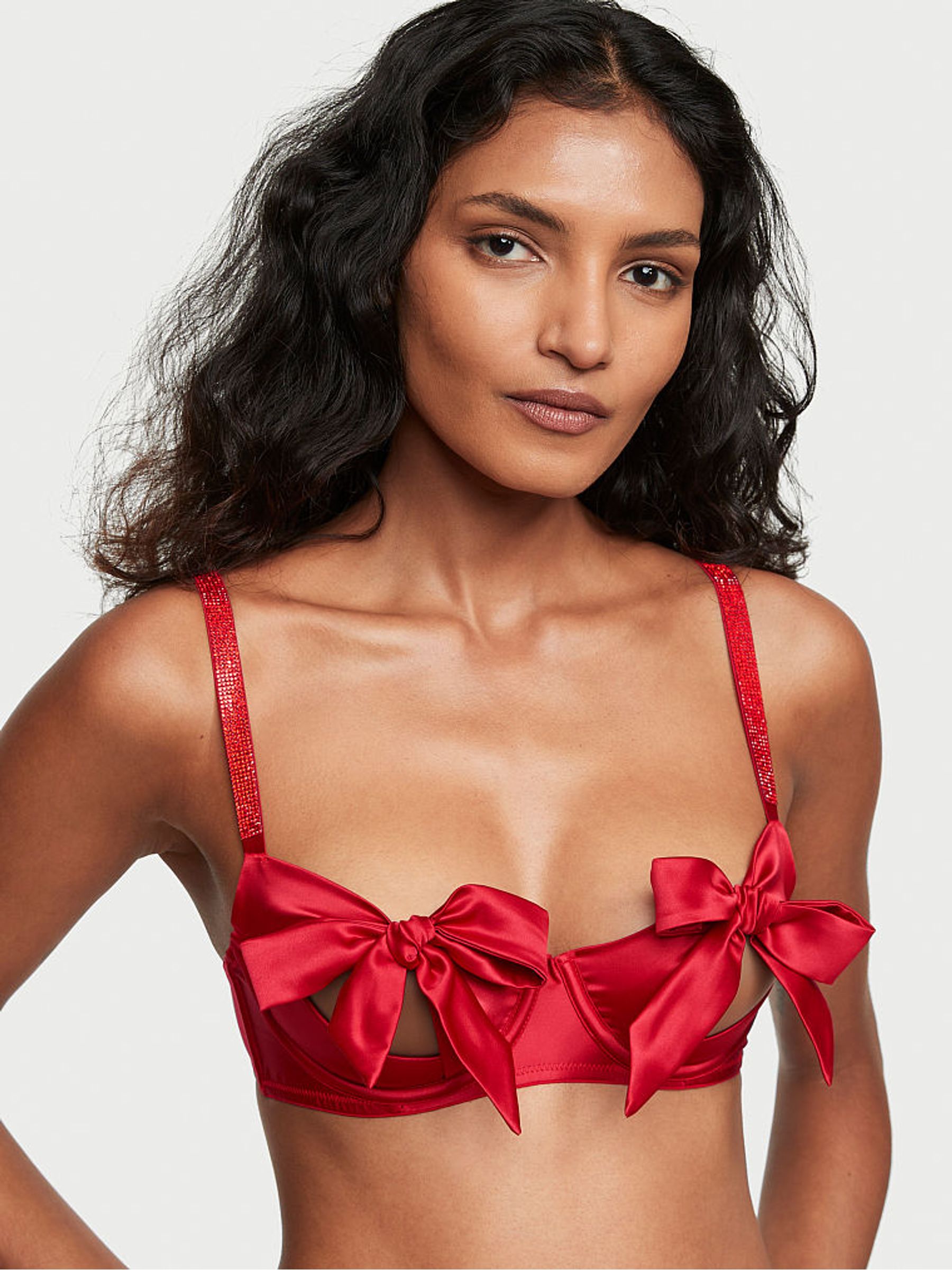 Lipstick Red Satin Balcony Shine Bow Bra - Image 1 of 1