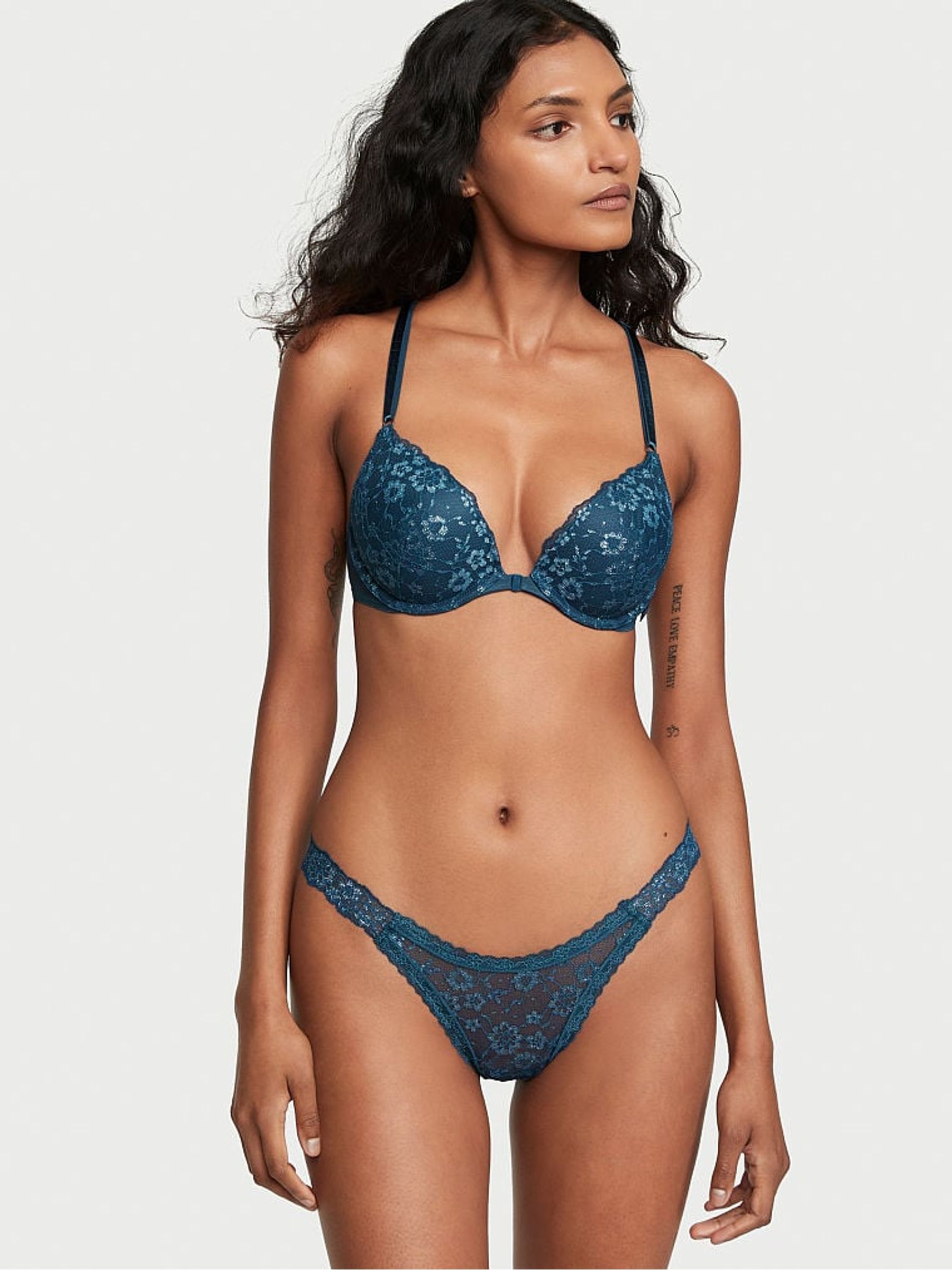 Midnight Sea Blue Silver Core Lace Up Thong Lace Knickers - Image 3 of 4