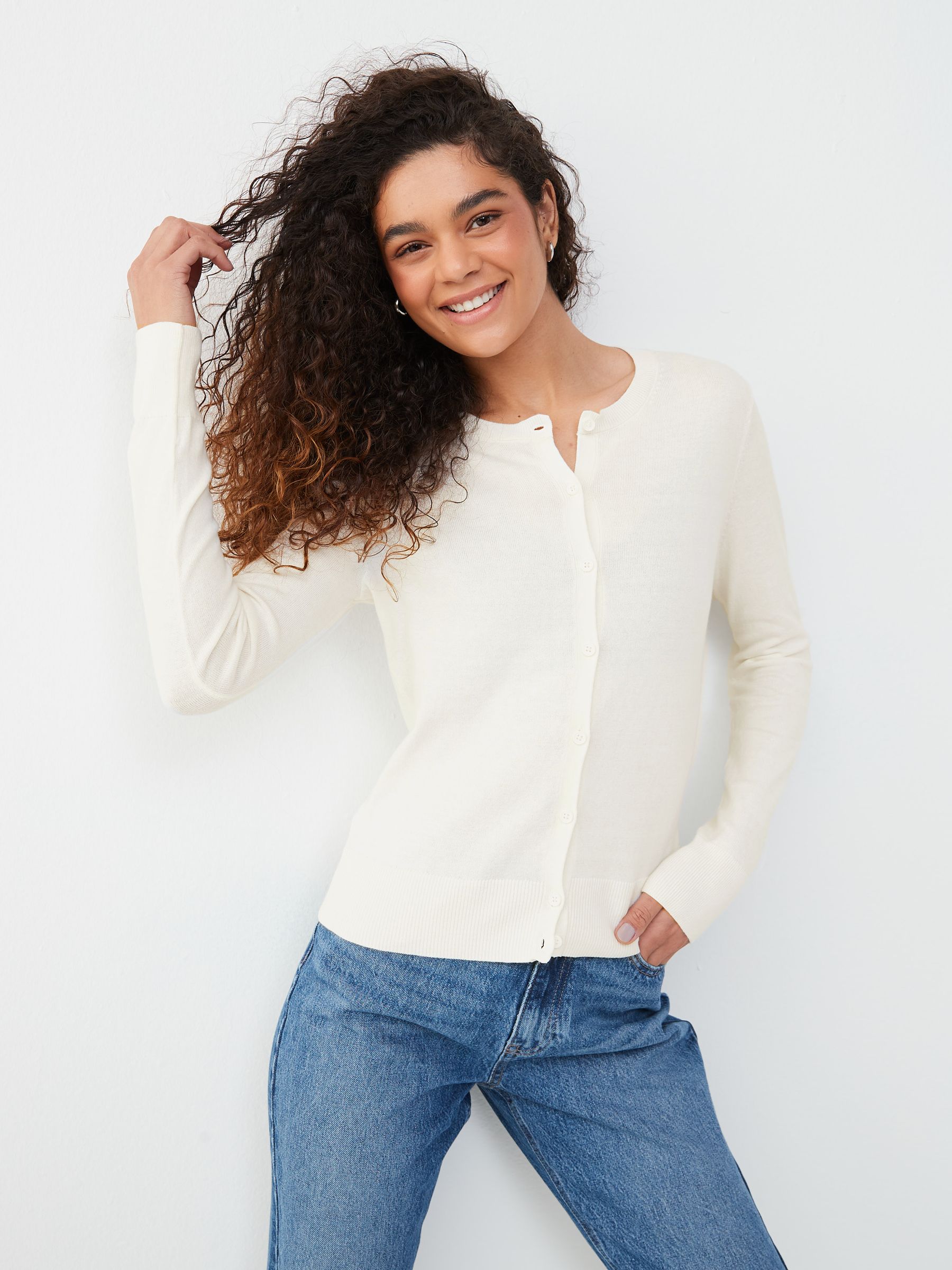 White Lightweight Long Sleeve Crew Neck Cardigan - Image 1 of 4