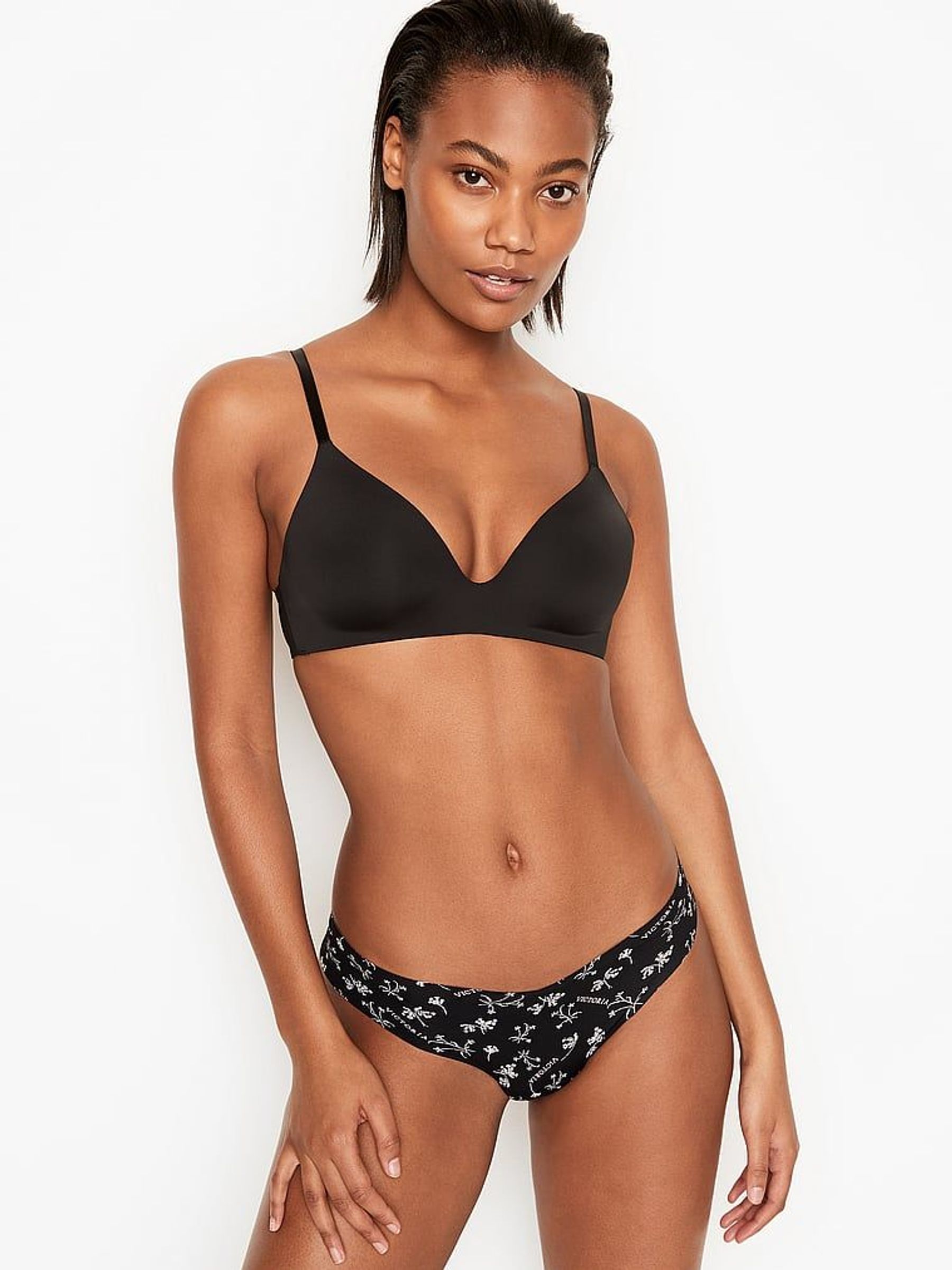 Black Floral Logo No Show Thong Knickers - Image 1 of 3