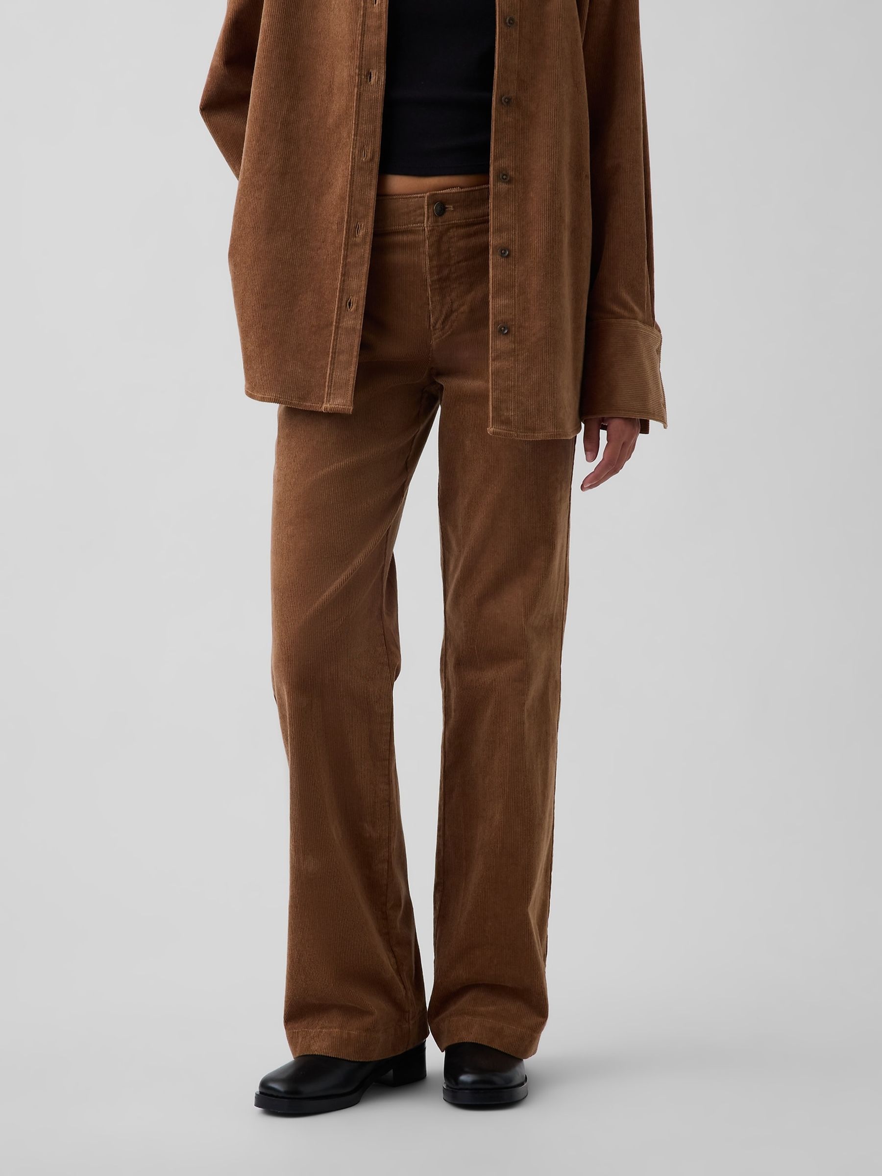 Tan Brown Mid Rise Corduroy Relaxed Flare Trousers - Image 1 of 6