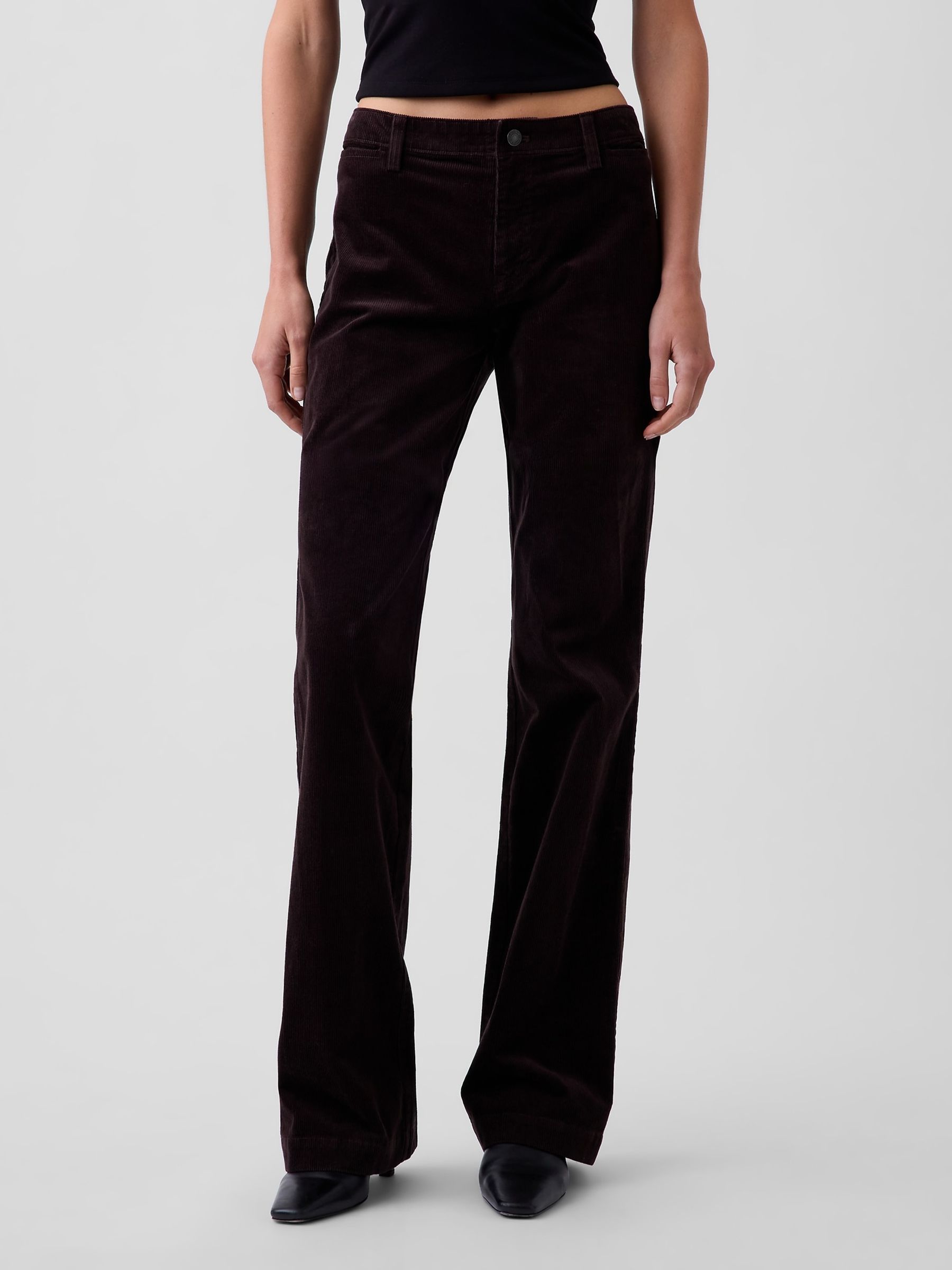 Dark Brown Mid Rise Corduroy Relaxed Flare Trousers - Image 1 of 5 Dark Brown Mid Rise Corduroy Relaxed Flare Trousers - Image 1 of 5