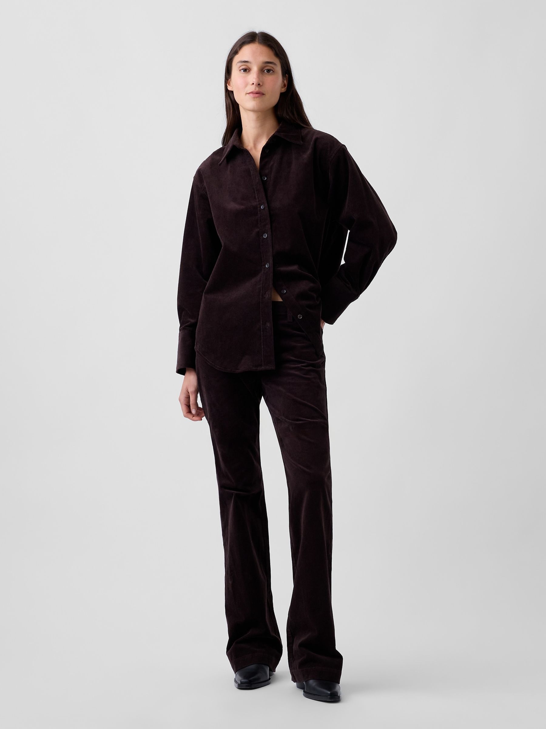 Dark Brown Mid Rise Corduroy Relaxed Flare Trousers - Image 4 of 5