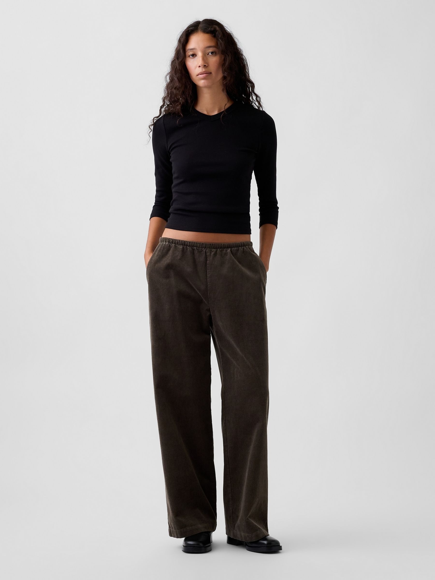 Olive Green Corduroy Easy Wide-Leg Trousers - Image 1 of 3