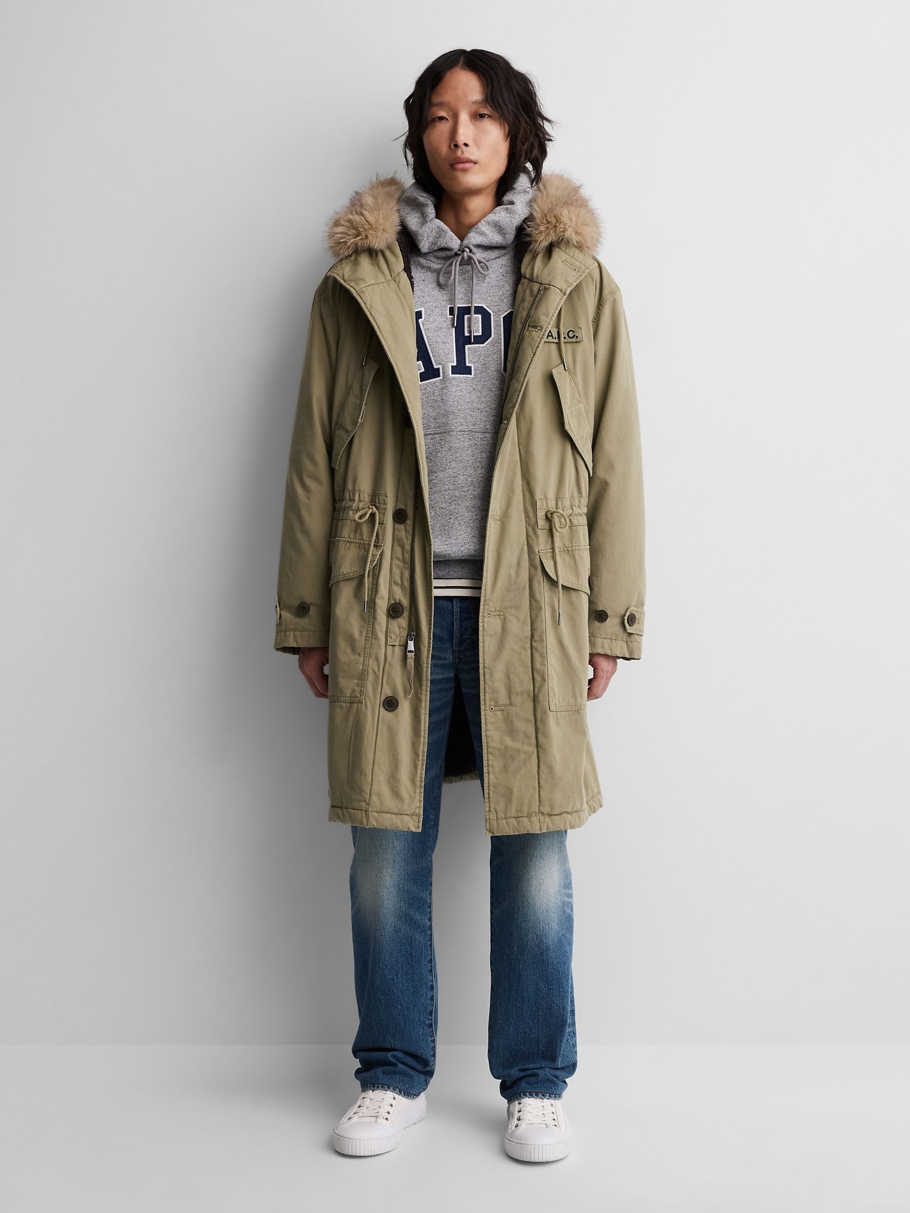 Gap x A.P.C. Green Oversized Sherpa-Lined Utility Parka Jacket - Image 1 of 7