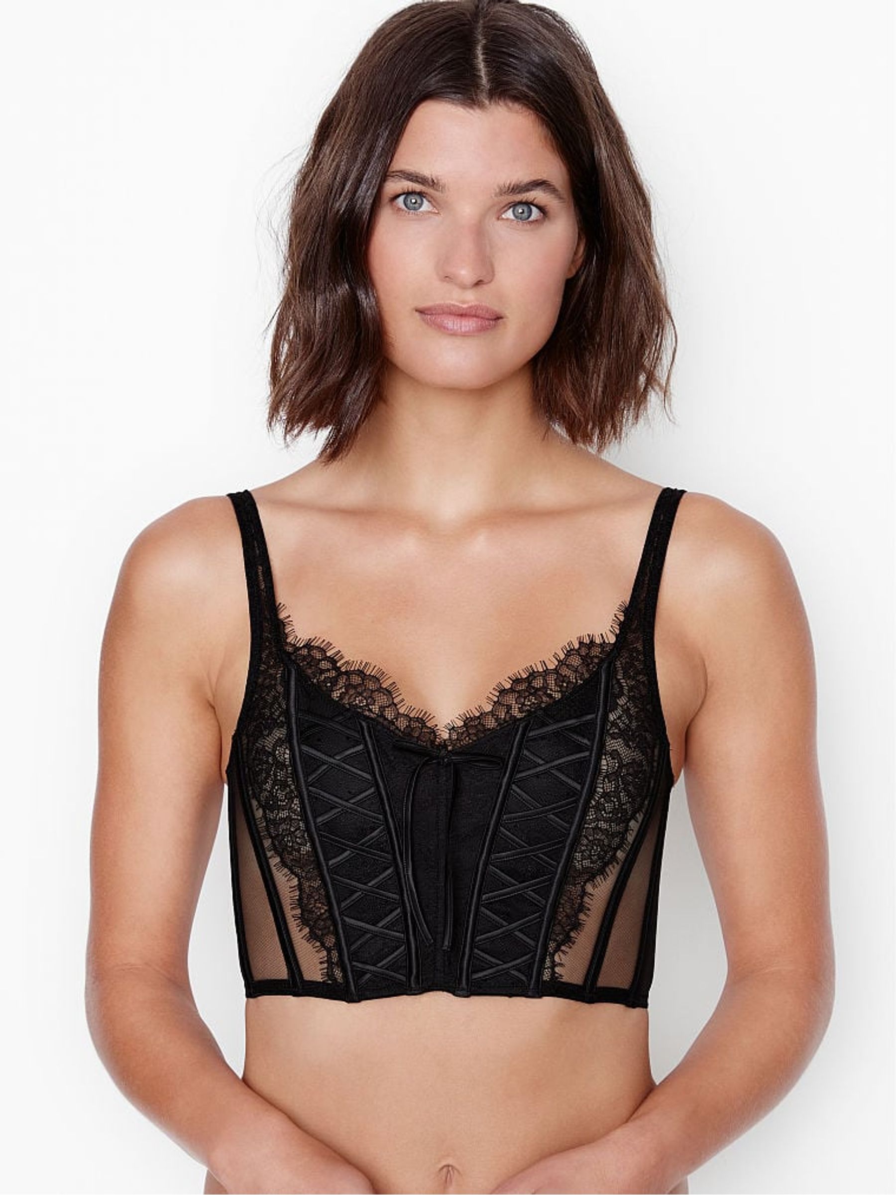 Black Lace Unlined Non Wired Corset Bra Top - Image 1 of 4