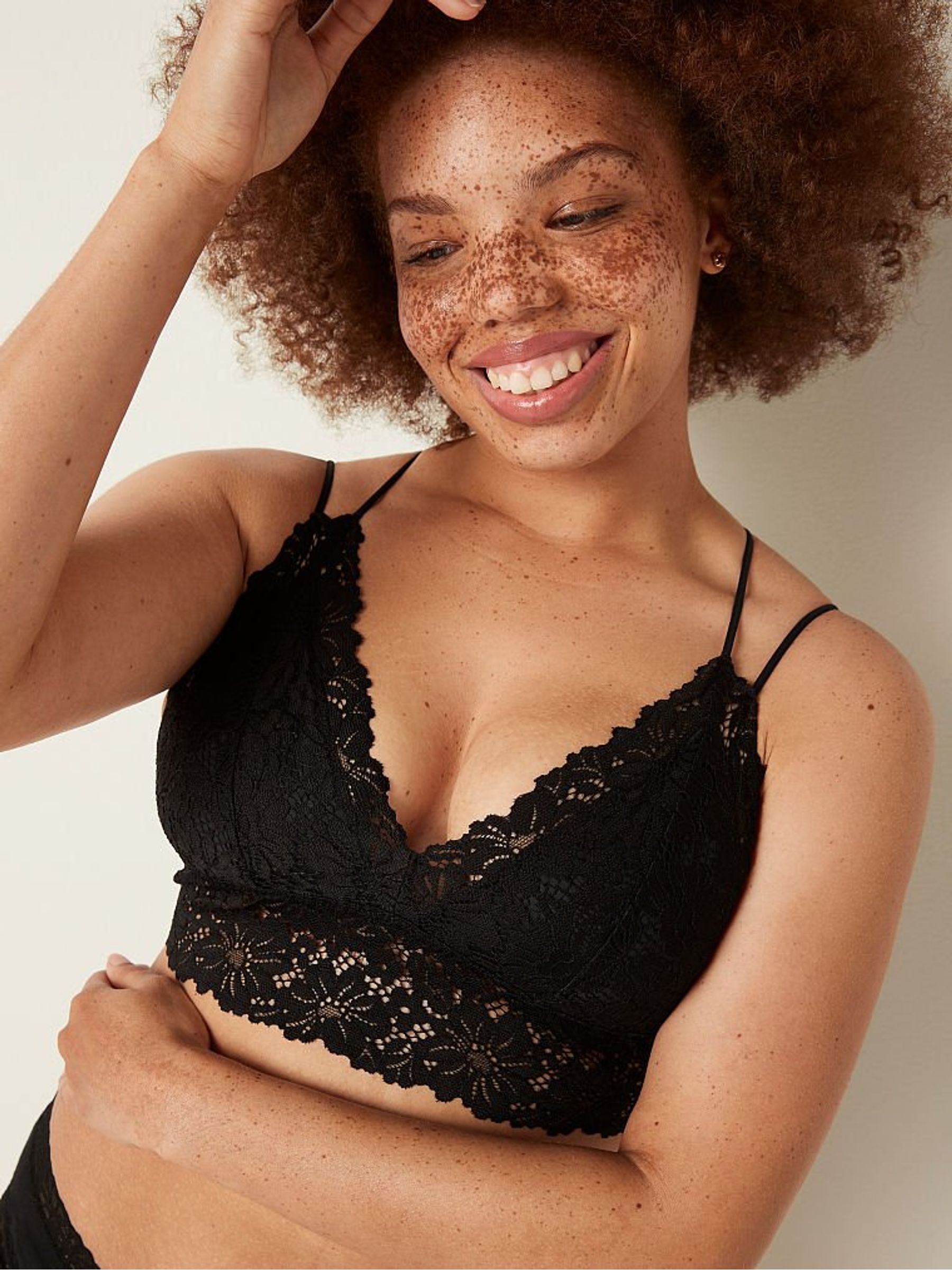 Black Lace Strappy Back Longline Bralette - Image 1 of 2