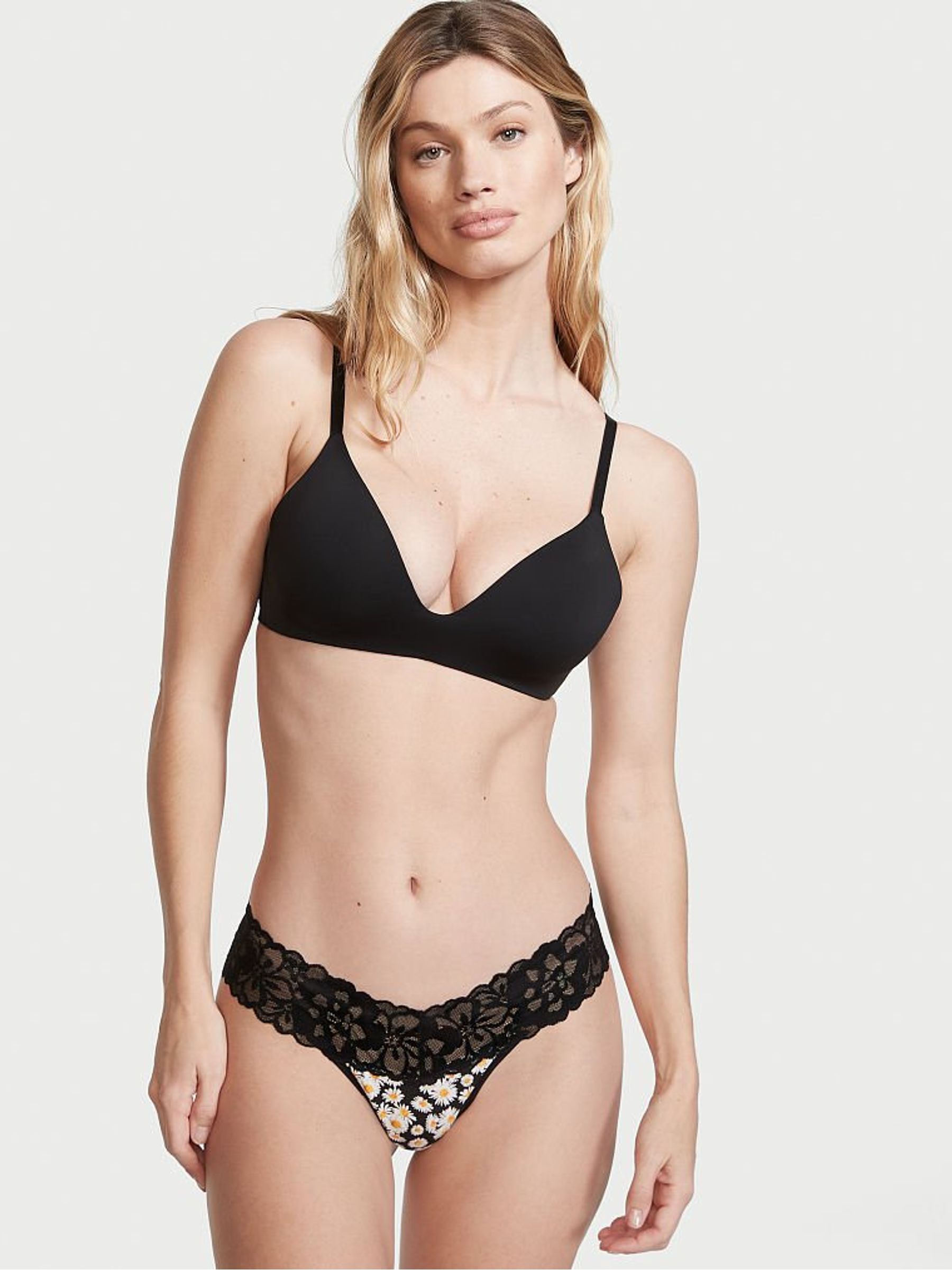 Black Mini Daisies Lace Waist Cotton Thong Knickers - Image 1 of 3
