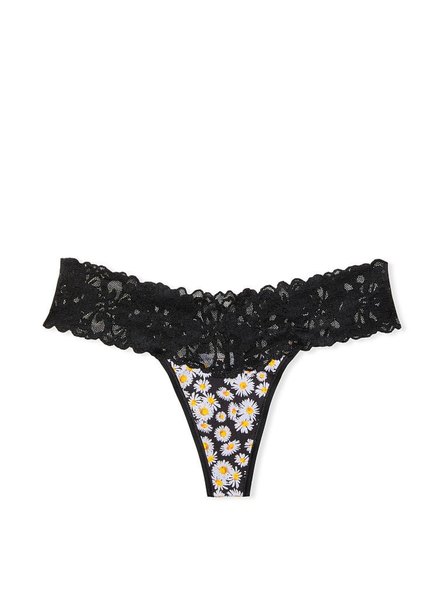 Black Mini Daisies Lace Waist Cotton Thong Knickers - Image 3 of 3
