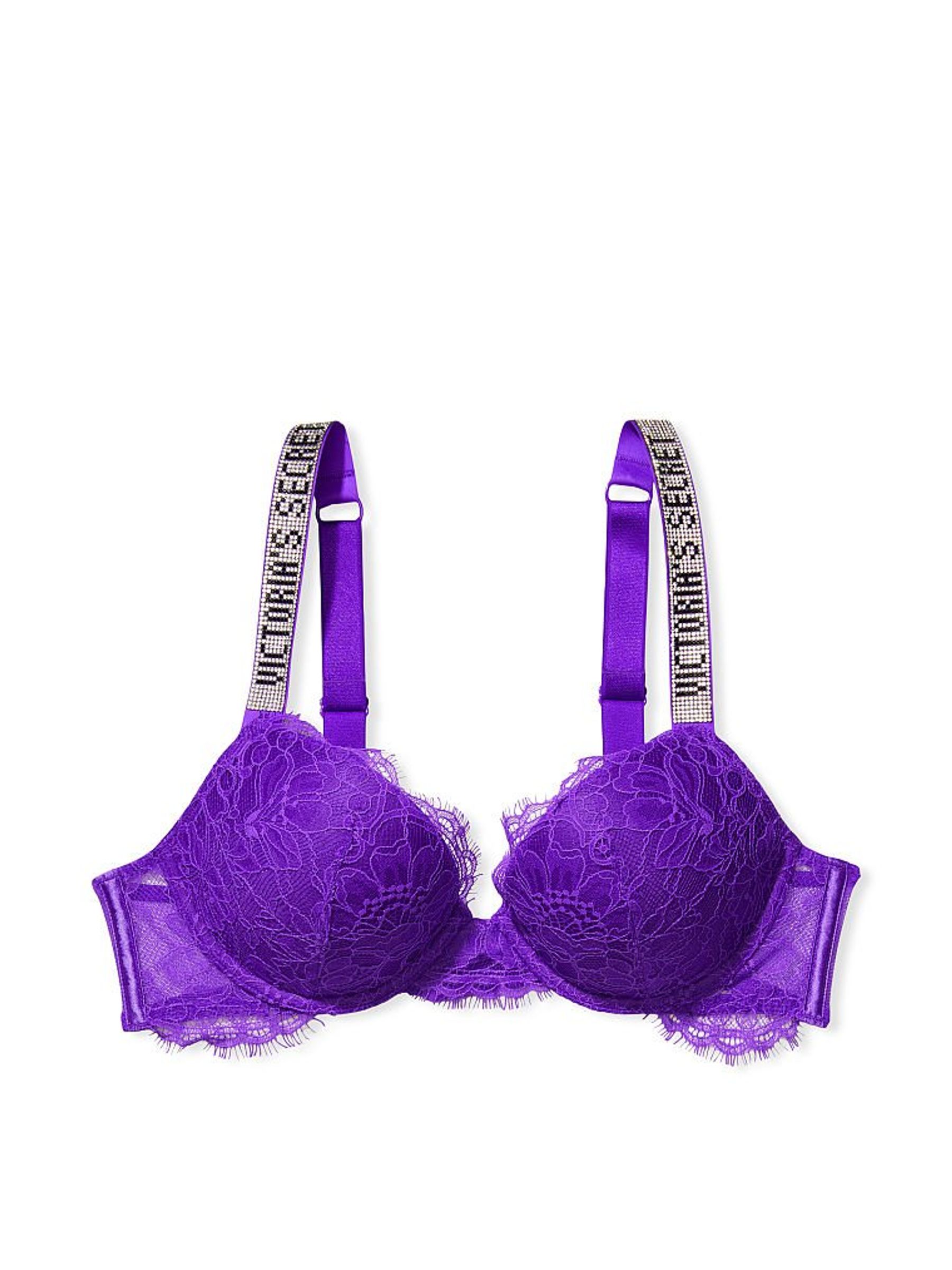 Bright Violet Purple Lace Shine Strap Plunge Push Up Bra